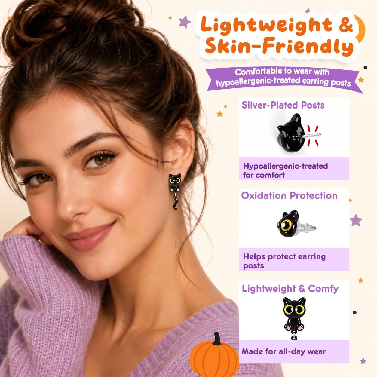 Detalle de Black Cat Stud Earrings, Silver-Plated Copper Posts