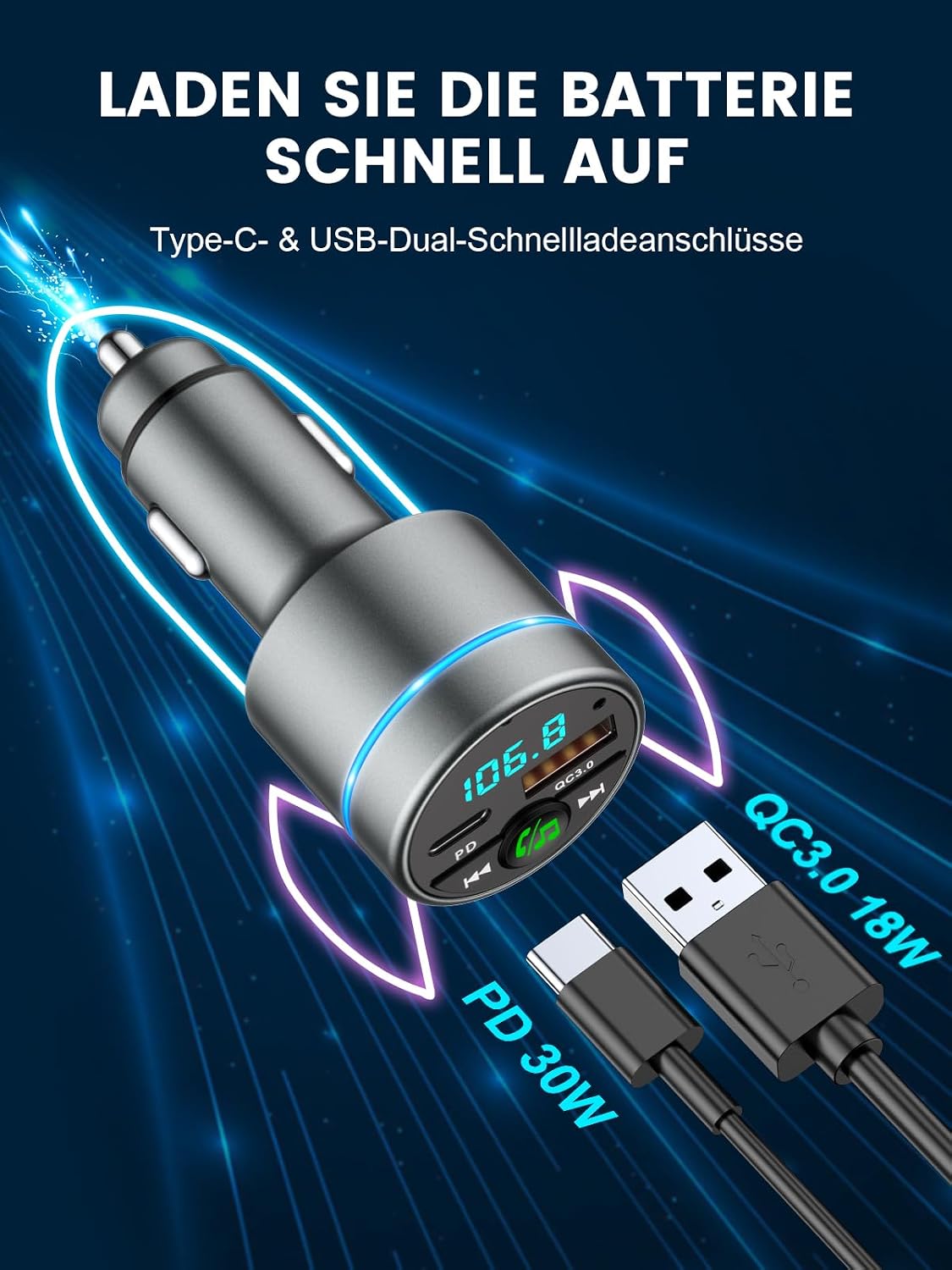 Detalle de Mohard Bluetooth Adapter Auto – Ganzmetall FM Transmitter mit PD 30W & QC3.0 18W Schnellladung, Bluetooth 5.3, Freisprechanlage, Ringlicht