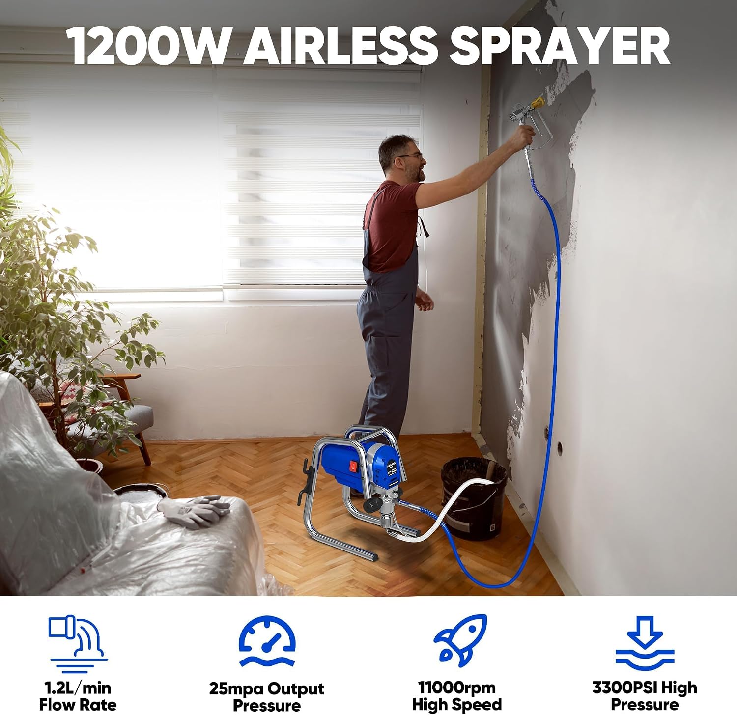 Detalle de POXURIO Ps-1g Airless Paint Sprayer, 1200W, Adjustable Pressure up to 3300 PSI