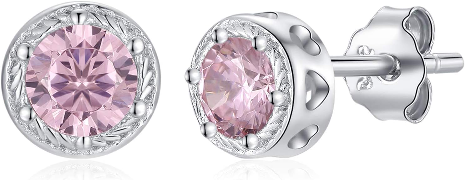 Detalle de Qings Geburtsstein Ohrringe Silber 925 – Kleine Birthstone Ohrstecker mit Zirkonia, Oktober Rosa Turmalin