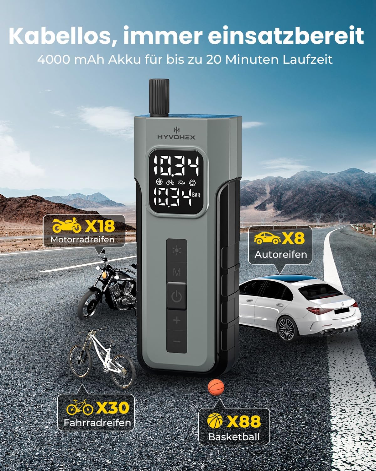 Detalle de HYVOHEX Elektrische Luftpumpe: Kabelloser Kompressor mit Digitalmanometer und LED-Licht