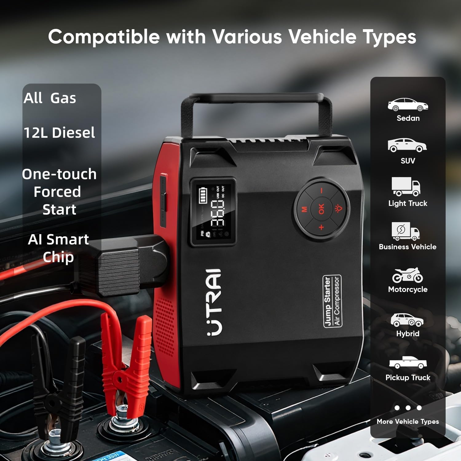 Detalle 2 de UTRAI 27000mAh Car Jump Starter Power Bank with Air Compressor and 1600 Lumen LED – All-in-One Portable Power for Vehicles