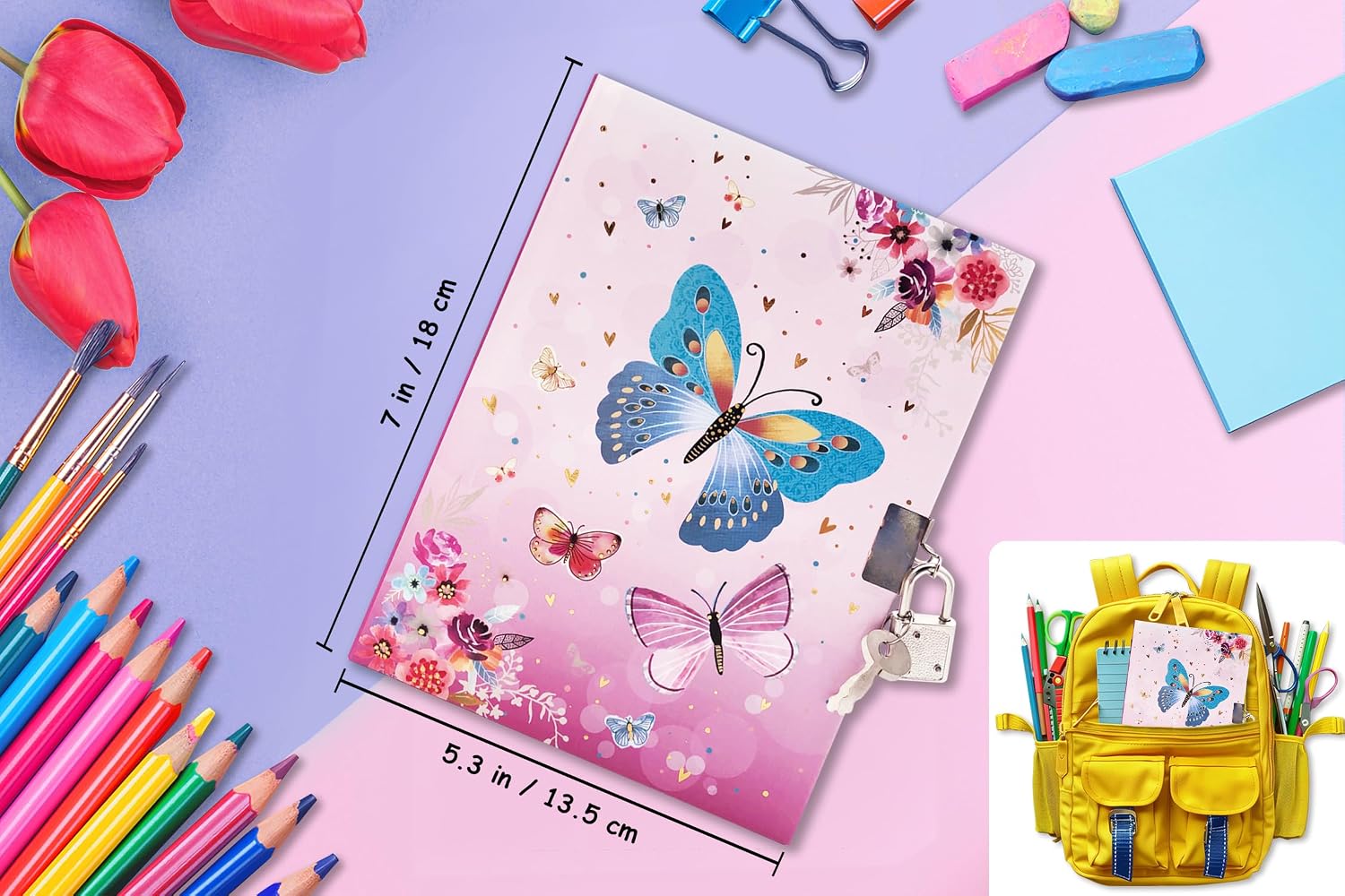 Thumbnail 2 de GINMLYDA Girls’ Butterfly Diary with Lock, 160 Lined Pages