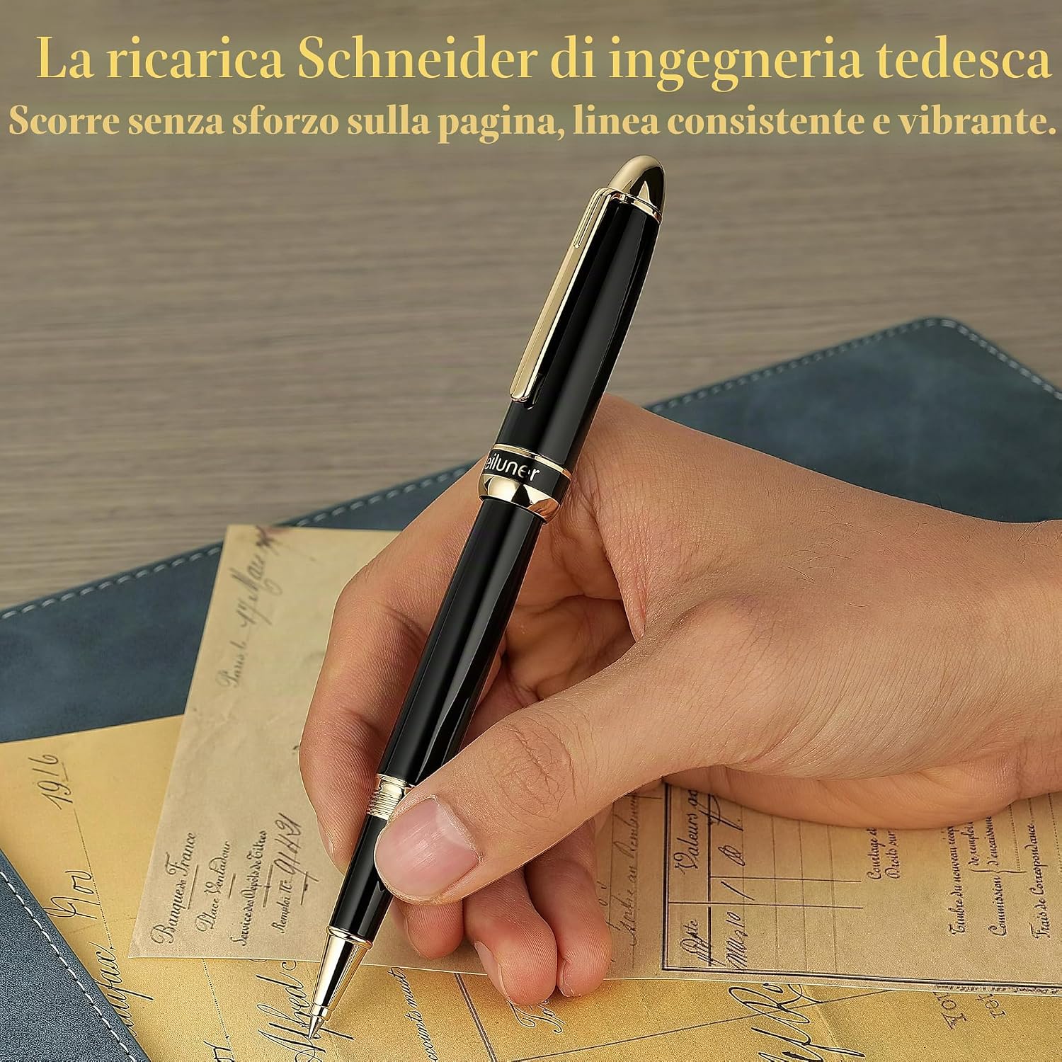 Detalle 2 de BEILUNER 315 Penna Rollerball di Lusso – finitura Oro 24K, laccatura piano nera, set regalo per professionisti
