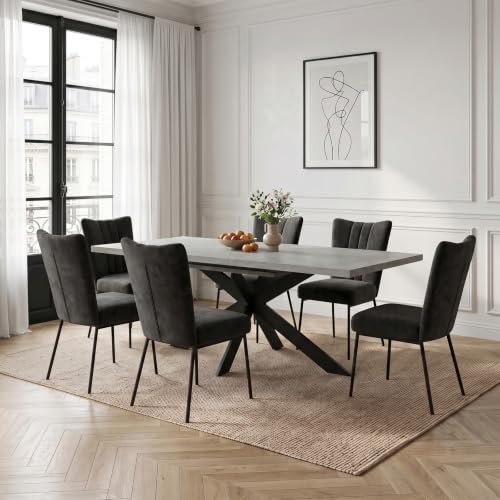 Detalle 1 de JIEXI Set tavolo da pranzo allungabile con 6 sedie: 130-170 cm, piano MDF grigio e base a X, sedie imbottite in flanella nera