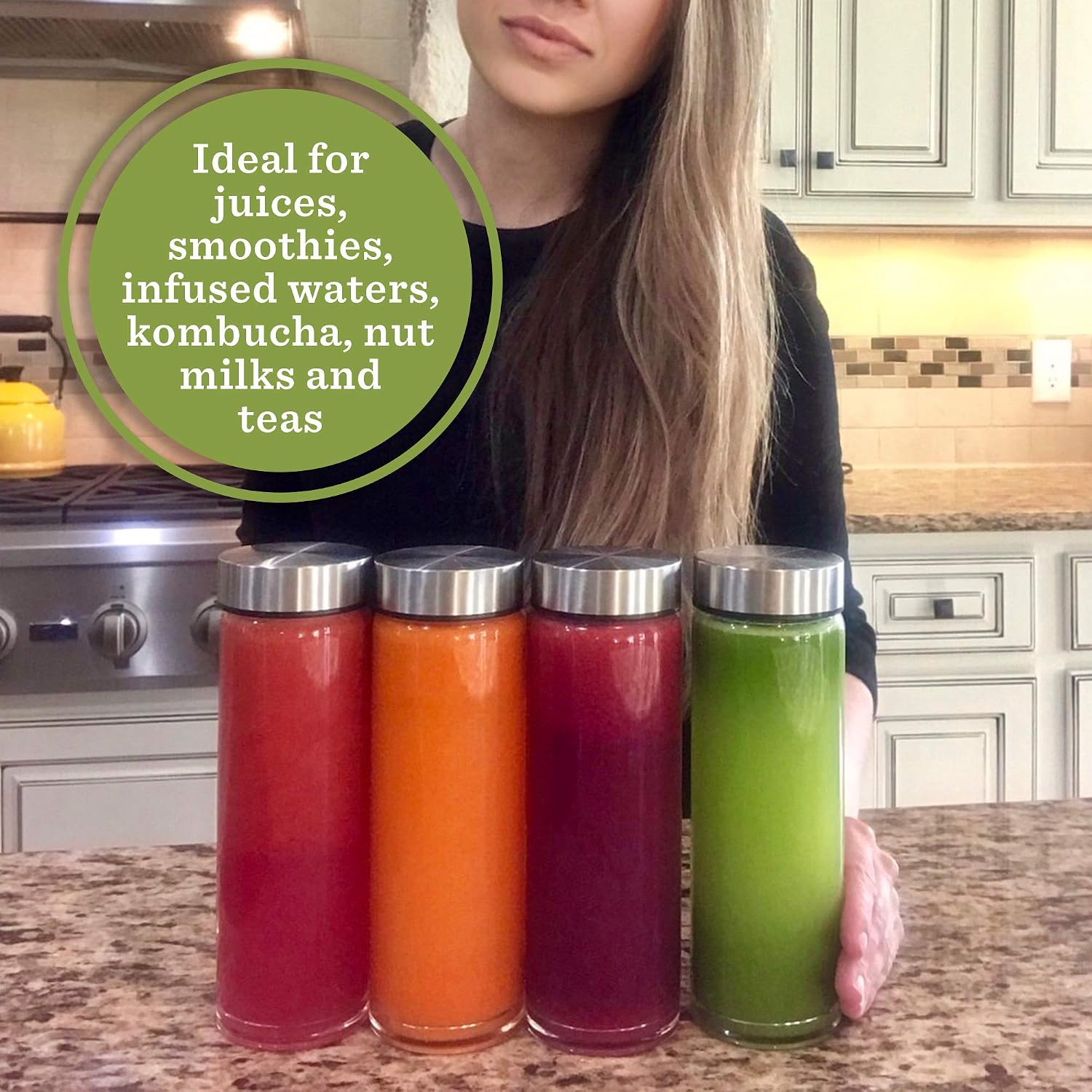Detalle de All About Juicing Juice Bottles (4-Pack) Wide-Mouth Borosilicate Glass Bottles with Leakproof Lids, 16oz