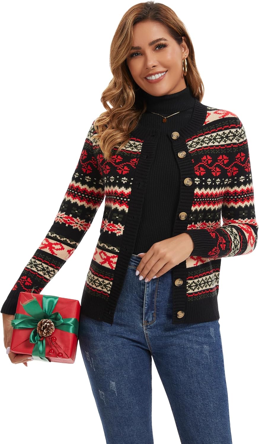 Detalle de Enjyam Damen Strickjacke Elegant Langarm Rundhals Cardigan – Norweger Muster, Weiche Viskosemischung
