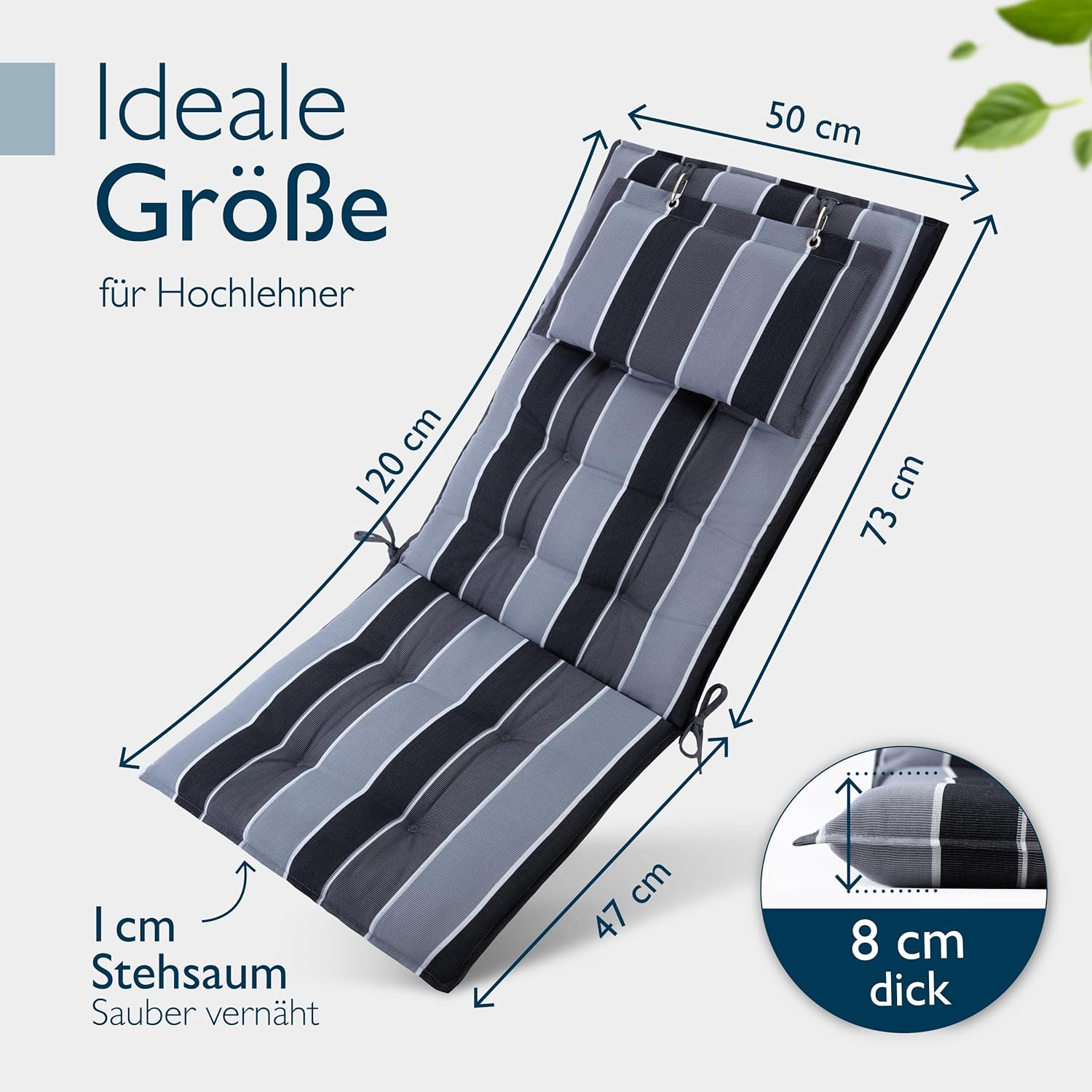 Detalle de Beautissu 2er Set Premium Hochlehner Auflagen – 120x50 cm, 8 cm dick, Kopfpolster, rutschfest, UV-beständig, Anthrazit gestreift