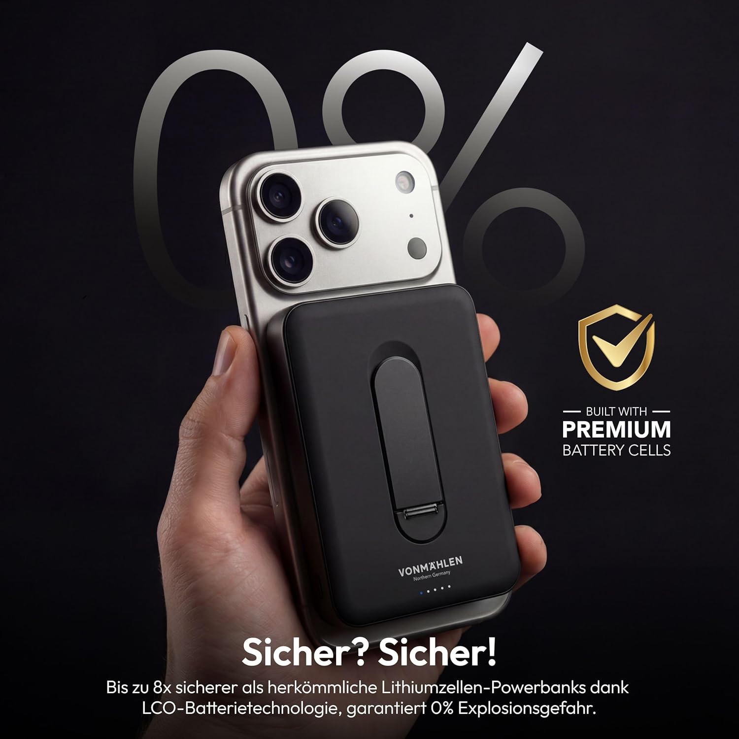 Detalle 2 de VONMÄHLEN Evergreen Mag con Kickstand: power bank magnetica da 10000 mAh con ricarica wireless 15 W per MagSafe