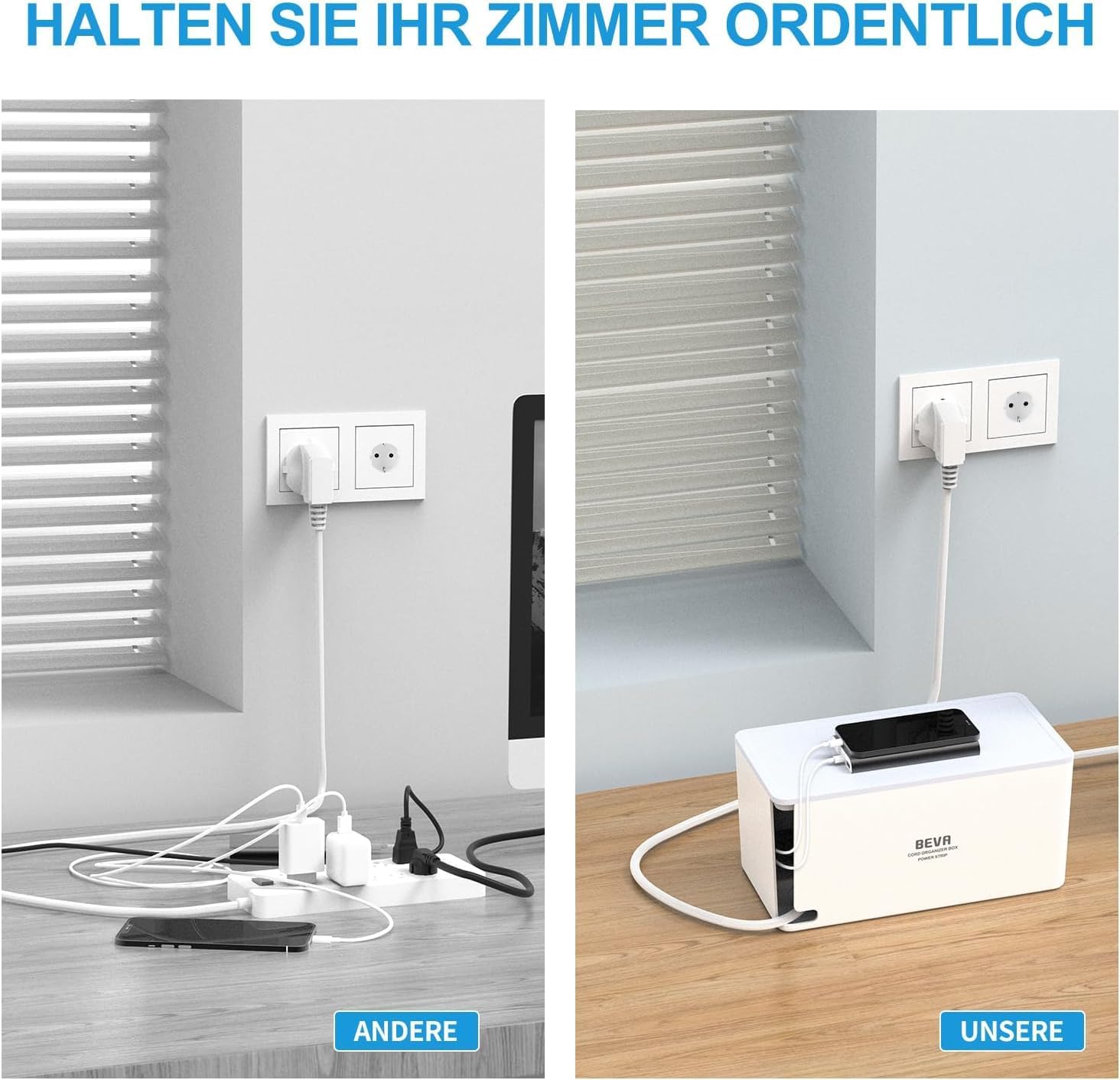 Detalle de Kabelbox mit versteckter Mehrfachsteckdosenleiste 3680W/16A • 4 m Kabel • 1050J Überspannungsschutz • 6 Steckdosen + 3 USB-A + 1 USB-C