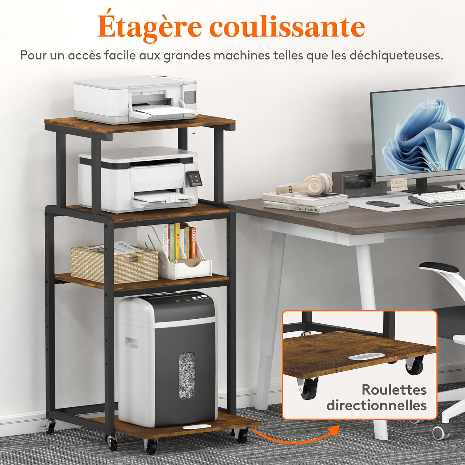 Thumbnail 4 de Lifewit meuble imprimante 4 étages avec roulettes et étagère réglable (53x40x112 cm) pour bureau à domicile