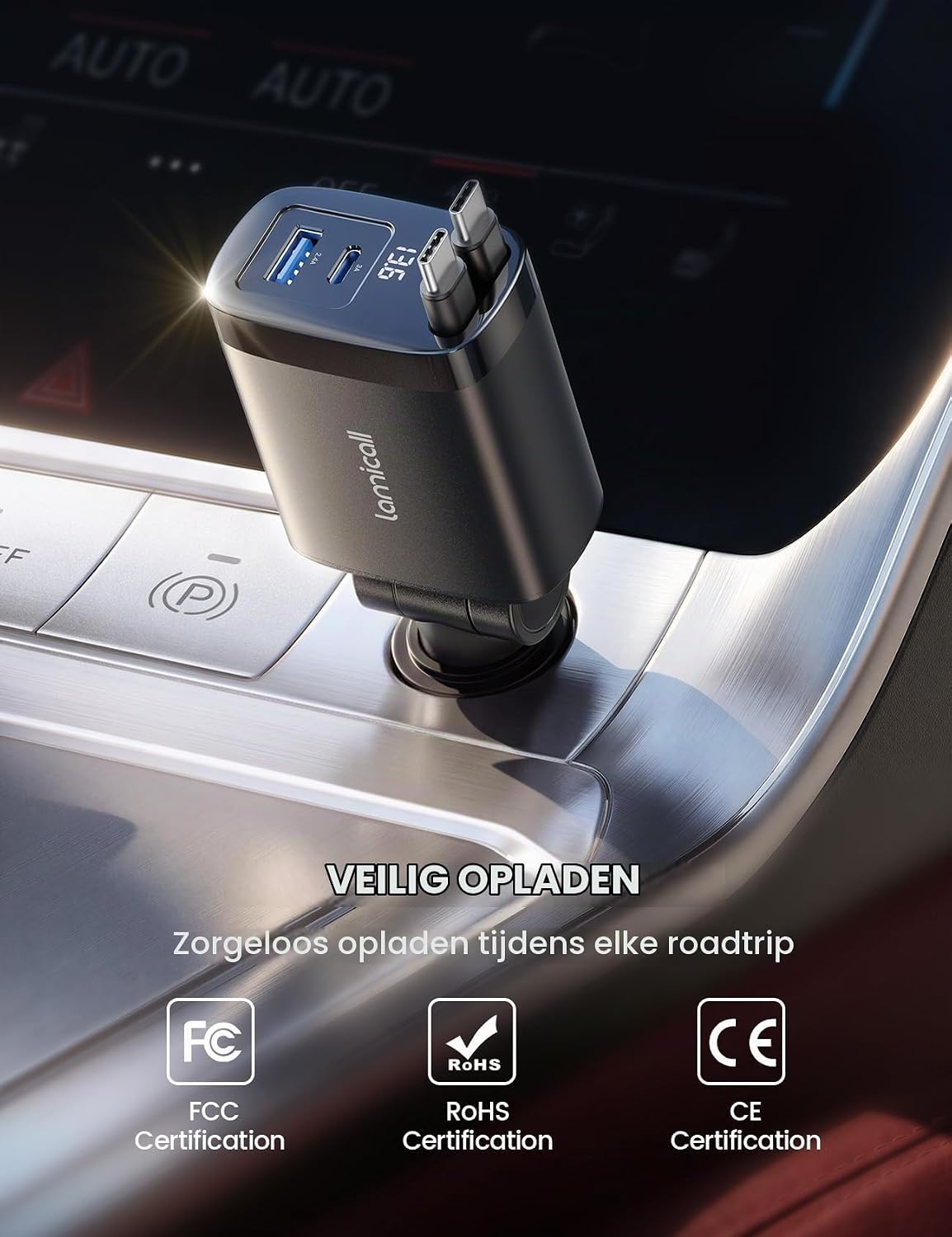 Thumbnail 5 de Lamicall VHCC04-CC-EU-BK autolader met 2 oprolbare USB-C-kabels