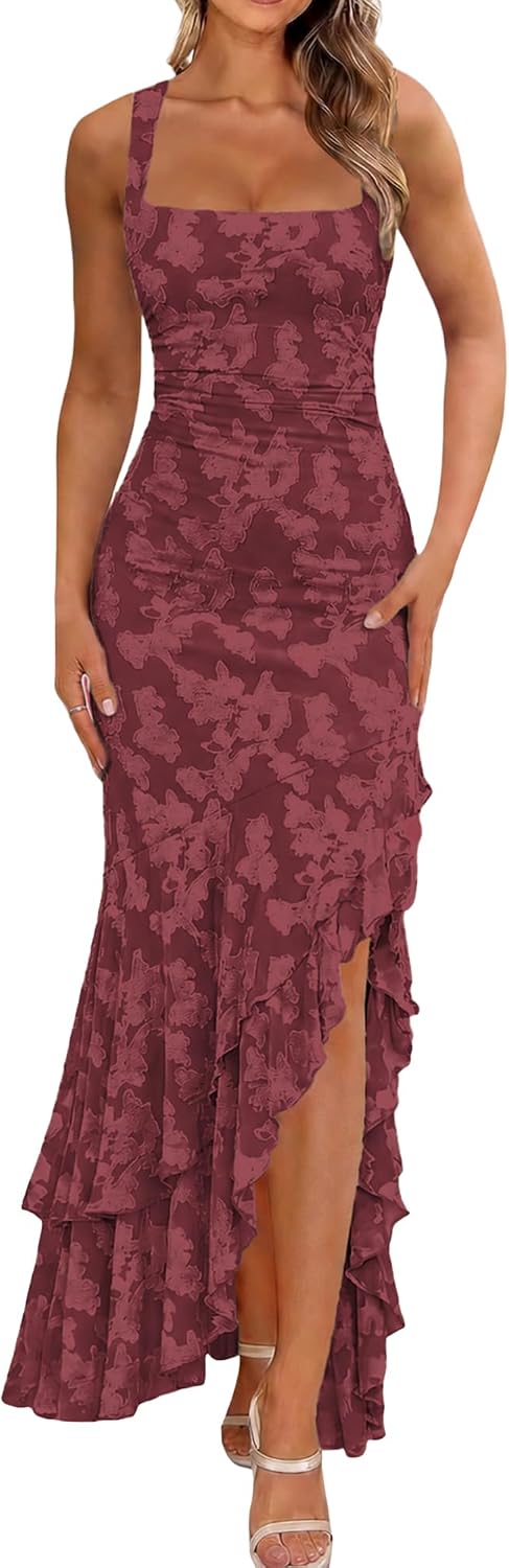Thumbnail 6 de BORIFLORS Women's Elegant Ruched Floral Maxi Dress Mesh Mermaid Ruffle