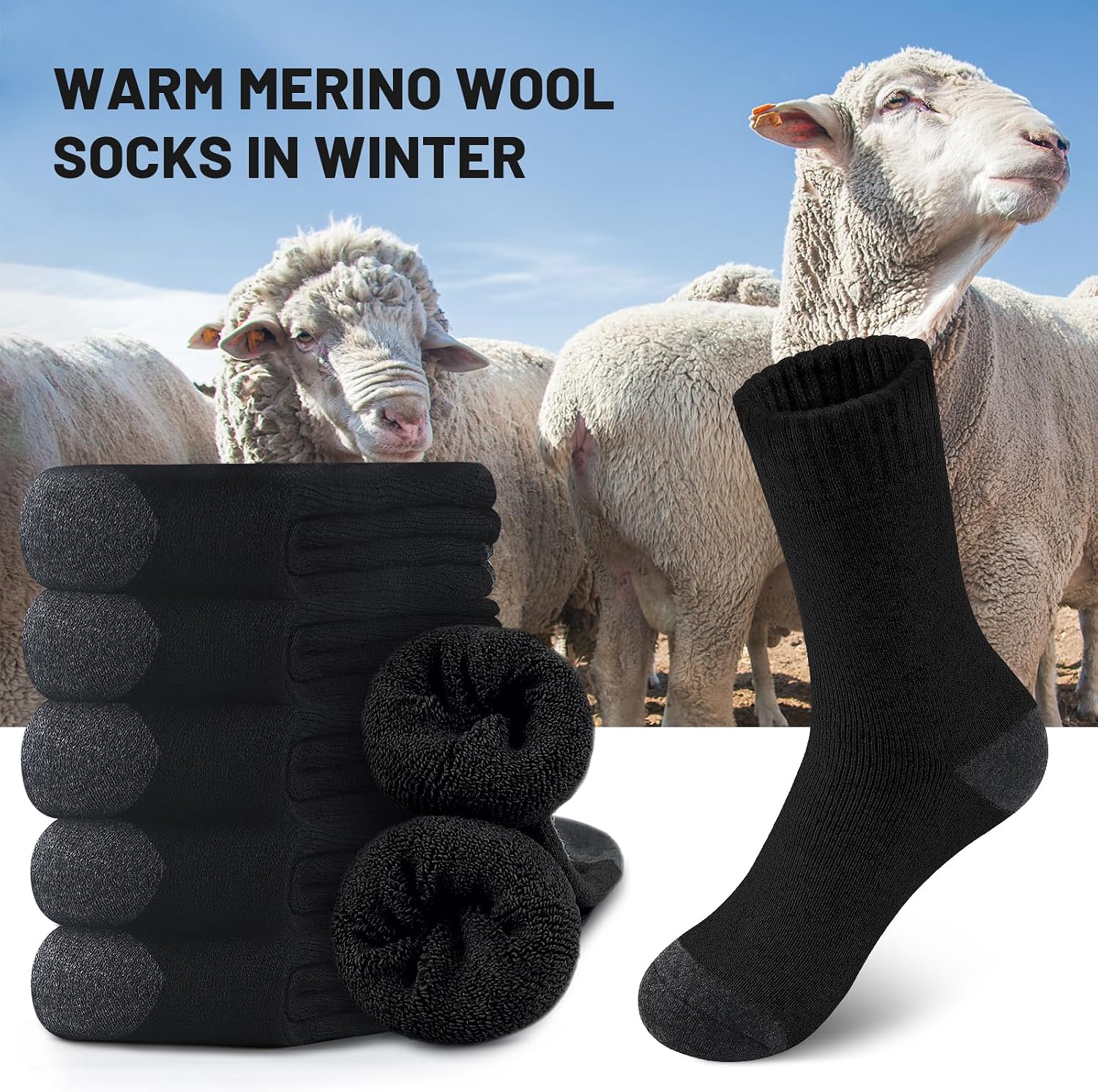 Thumbnail 2 de SIMIYA Merino Wool Crew Socks for Men (5 Pairs) – Thick Thermal Hiking Socks