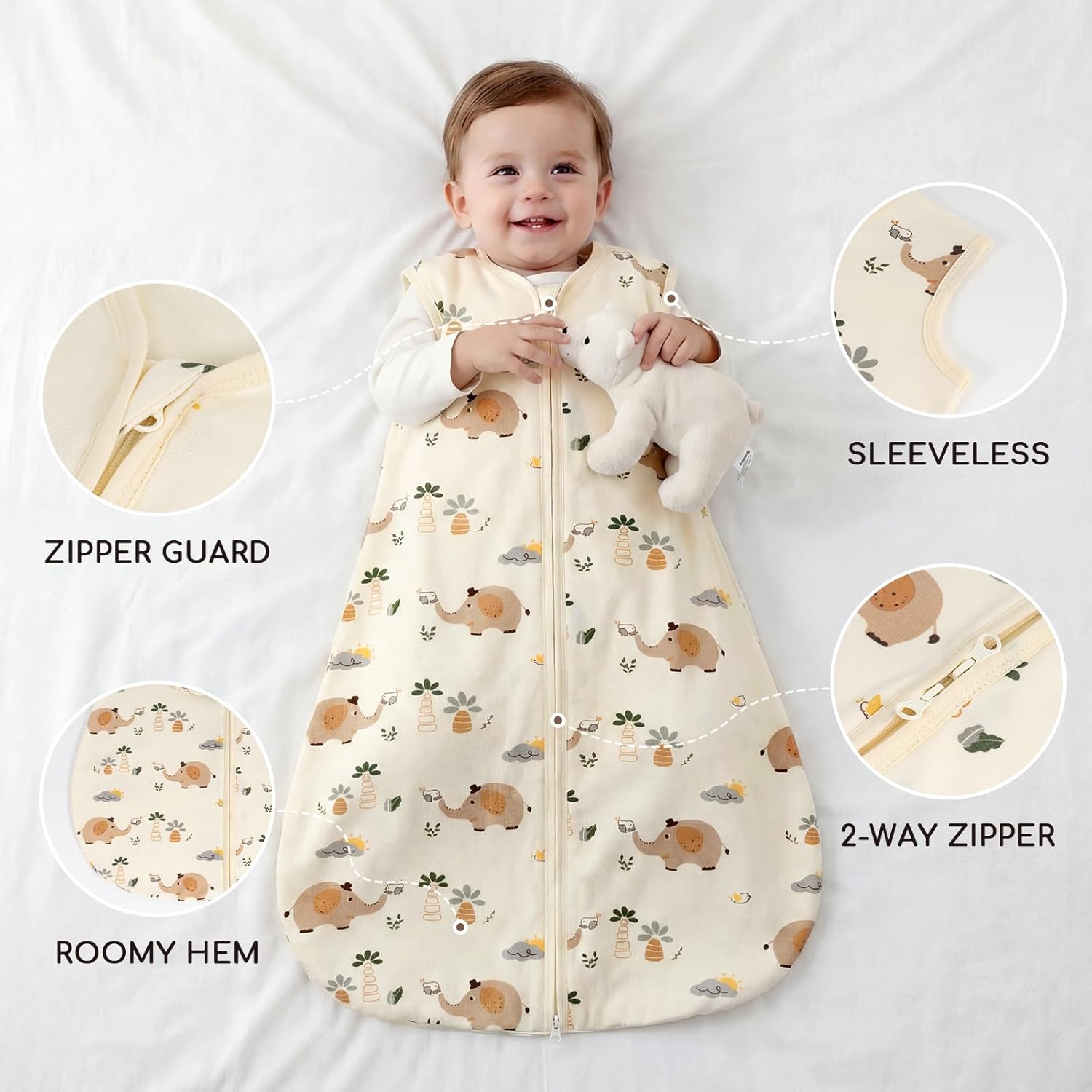 Detalle de Yukkidds Baby Sleeping Bag 0.5 Tog – 100% Cotton, Lightweight Breathing Sleep Sack (2 Pack, Beige Elephant)