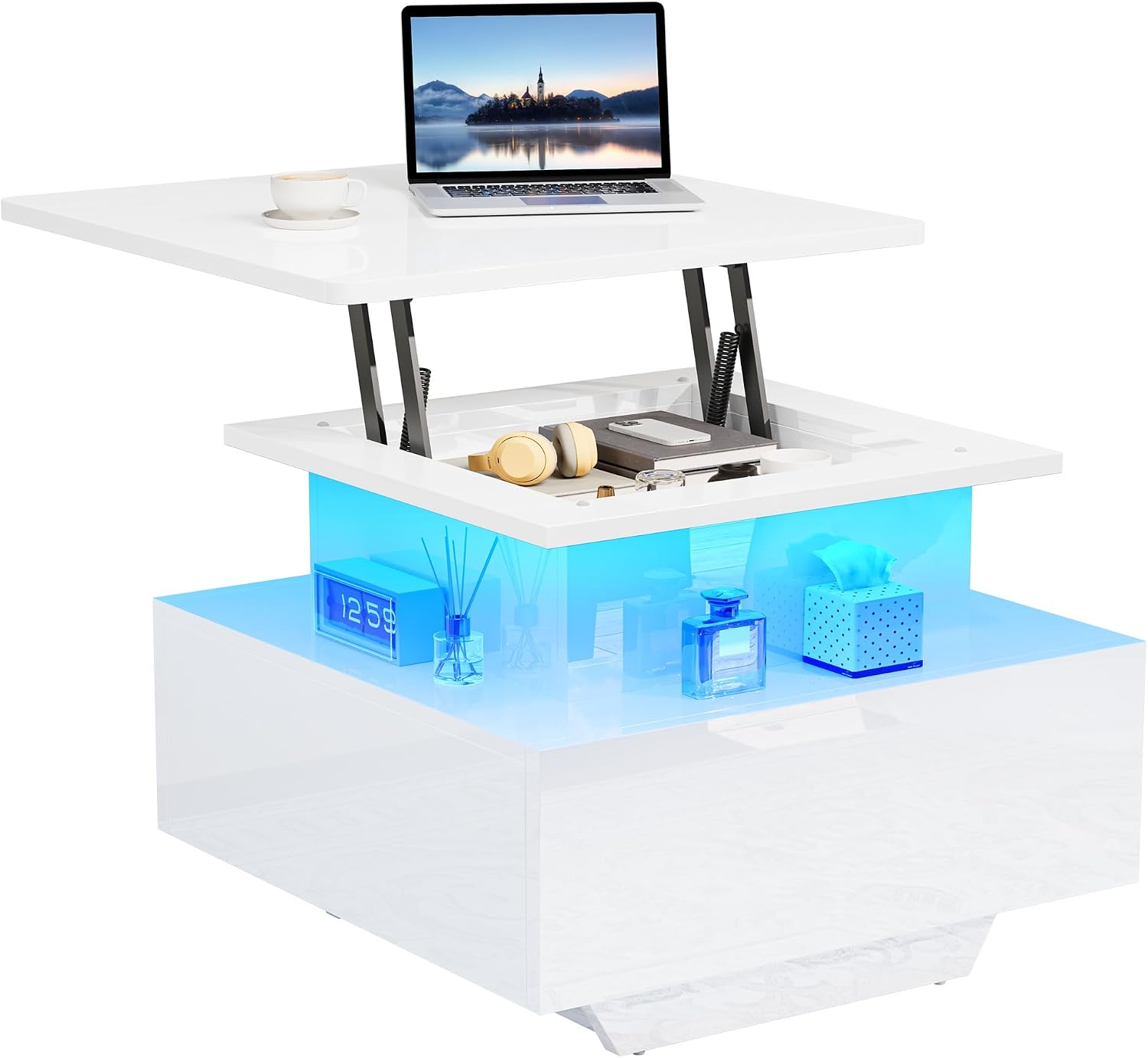 Thumbnail 6 de YITAHOME Lift-Top Coffee Table with LED Light Strip and 2 Drawers – 60x60x45 cm, High-Gloss Modern Wood