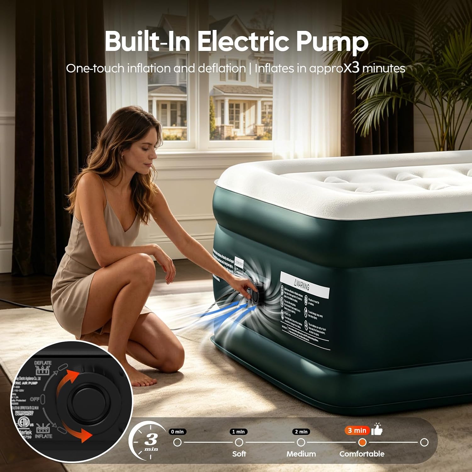 Detalle de DIVON DNYK2239 Twin Air Mattress with Built-In Pump, 18-Inch Raised Design