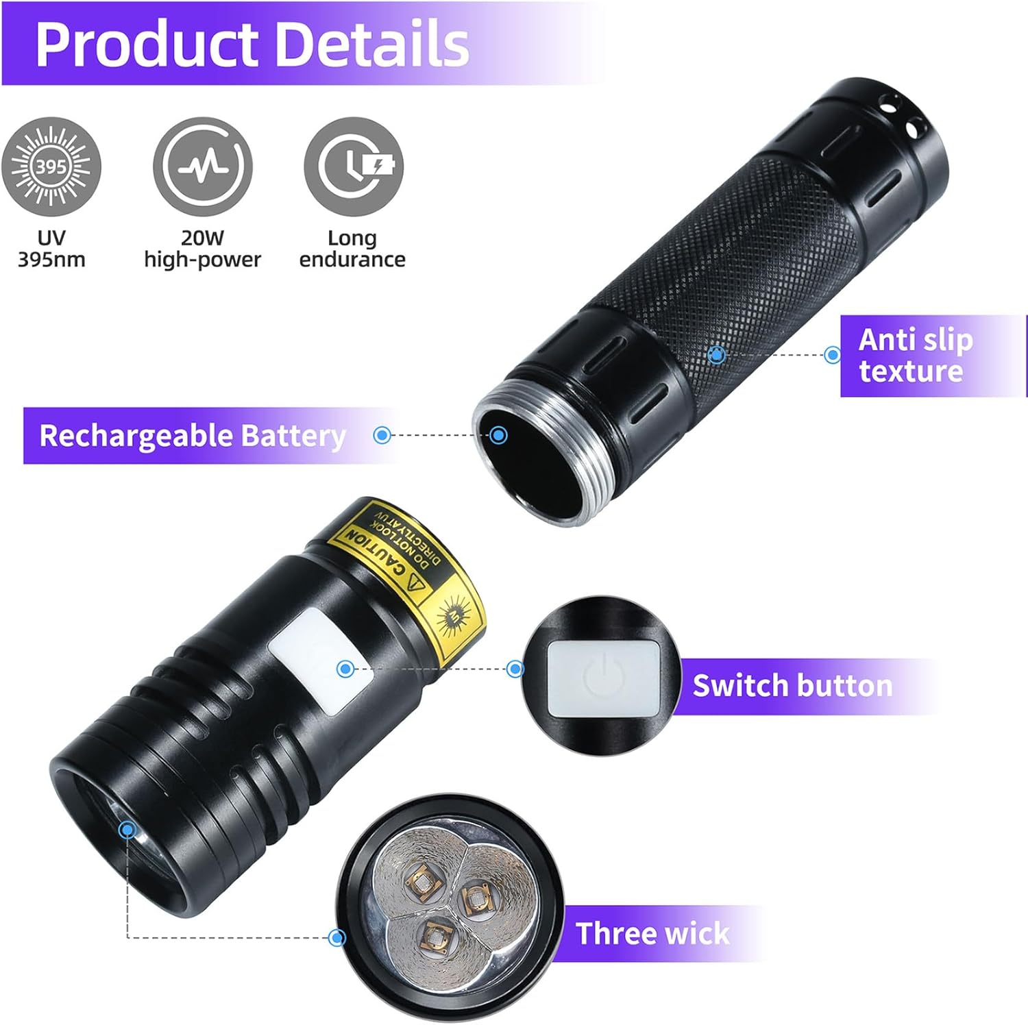 Detalle de DARKBEAM lampe de poche UV 395nm 20W – 3 LED USB-C, rechargeable et étanche IPX65