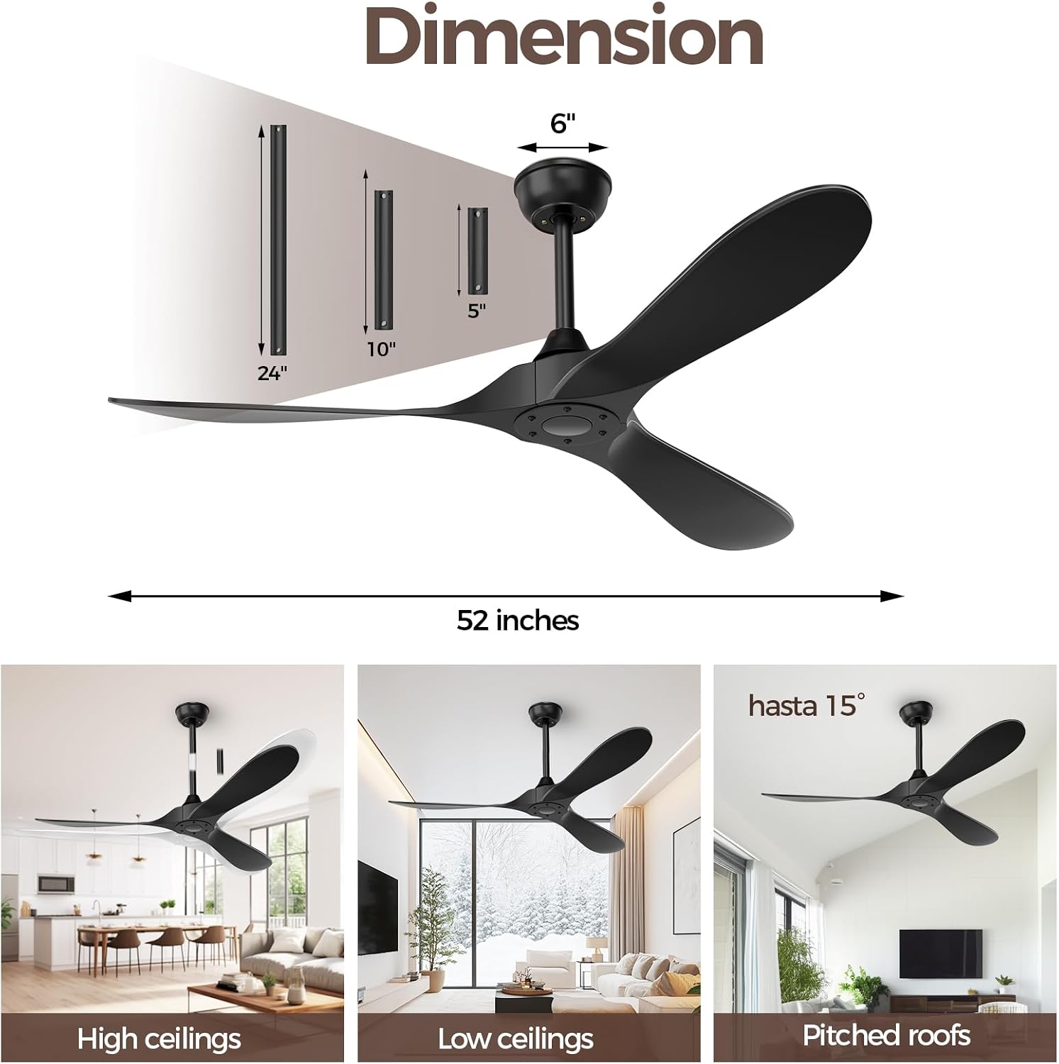 Thumbnail 1 de Obabala Black Outdoor Ceiling Fan, 52-Inch with Remote, 3 Blades, DC Motor