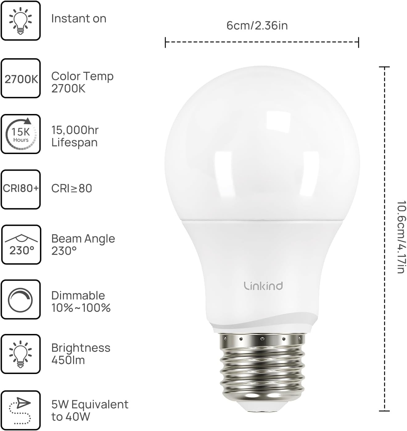 Thumbnail 1 de Linkind A19 Dimmable LED Bulbs, 2700K Soft White, E26, 6-Pack