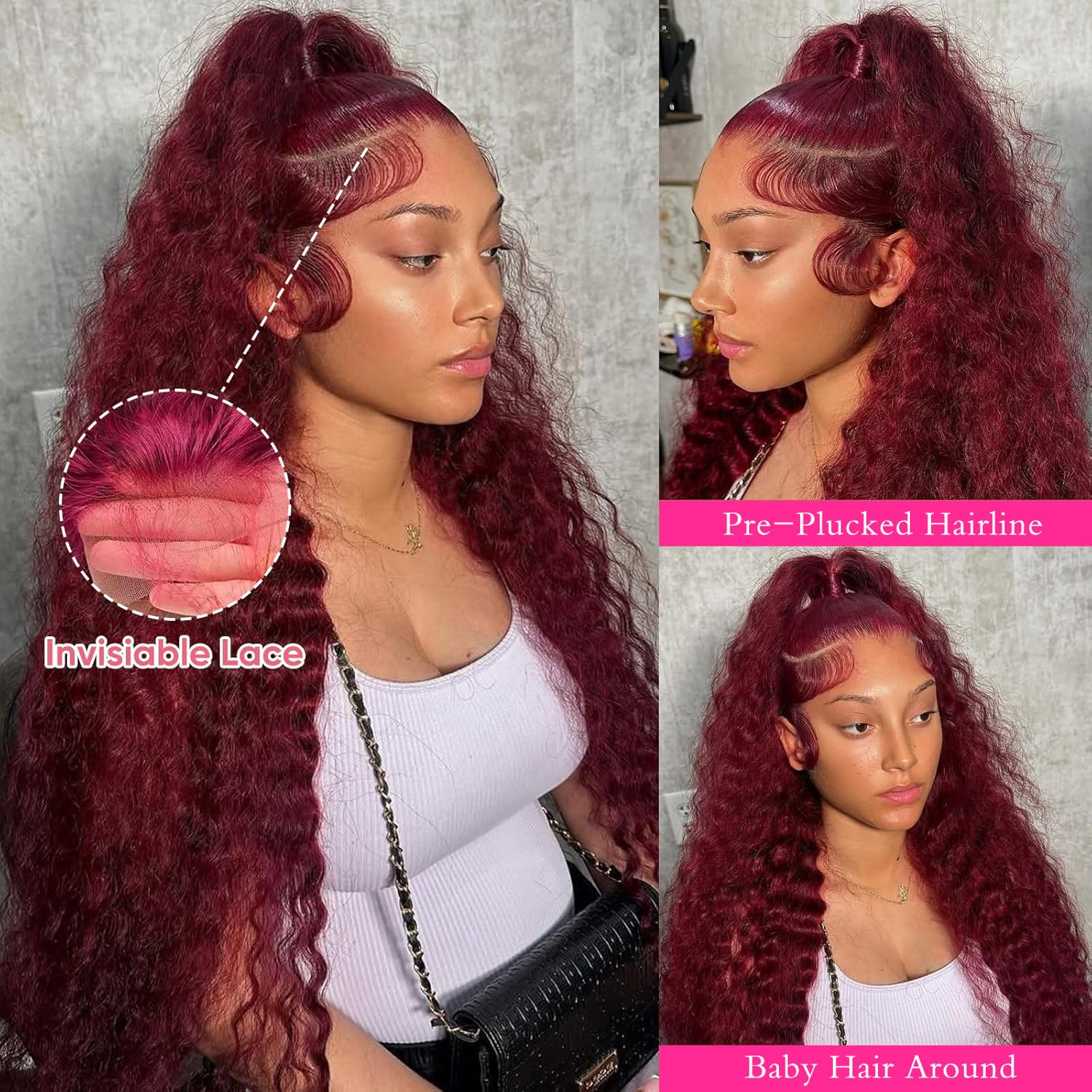 Thumbnail 2 de VAIDSOUE 250 Density Burgundy Deep Wave Lace Front Wig (30 Inch) — 13x6 HD Transparent Lace, Pre Plucked