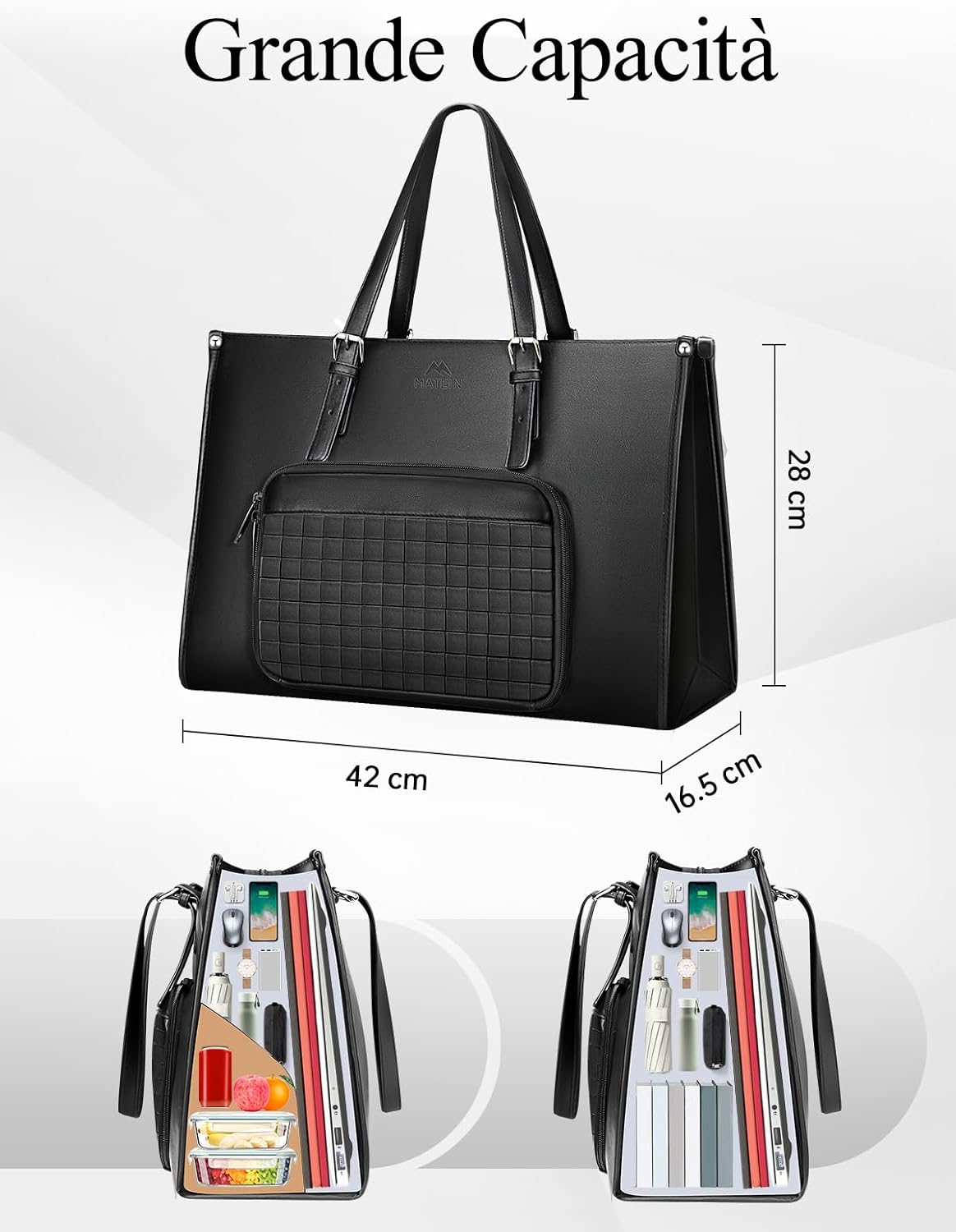 Detalle de MATEIN Borsa Lavoro Donna con Scomparto Pranzo Isolato 15,6” – Borsa PC in PU impermeabile, Nero