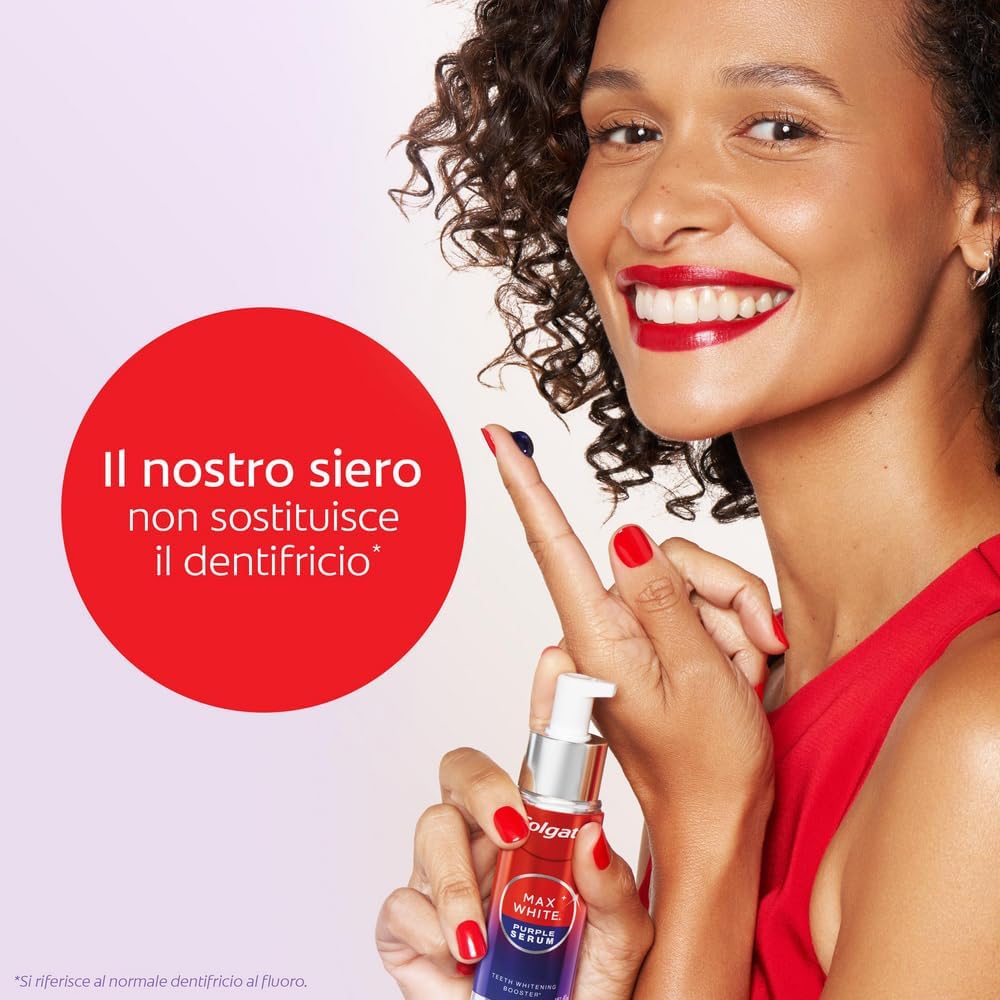 Detalle de Colgate Max White Purple Serum 40ml – Booster sbiancante istantaneo con tecnologia di correzione del colore