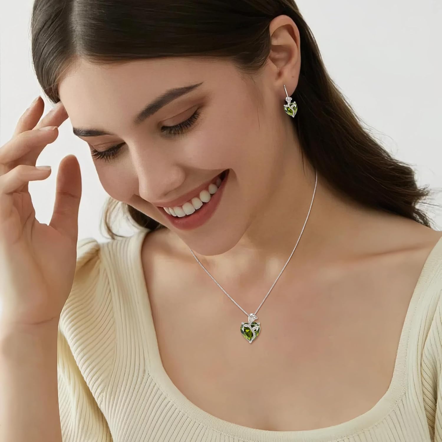Thumbnail 1 de FJ Herz Kette Damen 925 Sterling Silber Geburtsstein & Rosenblüten-Anhänger