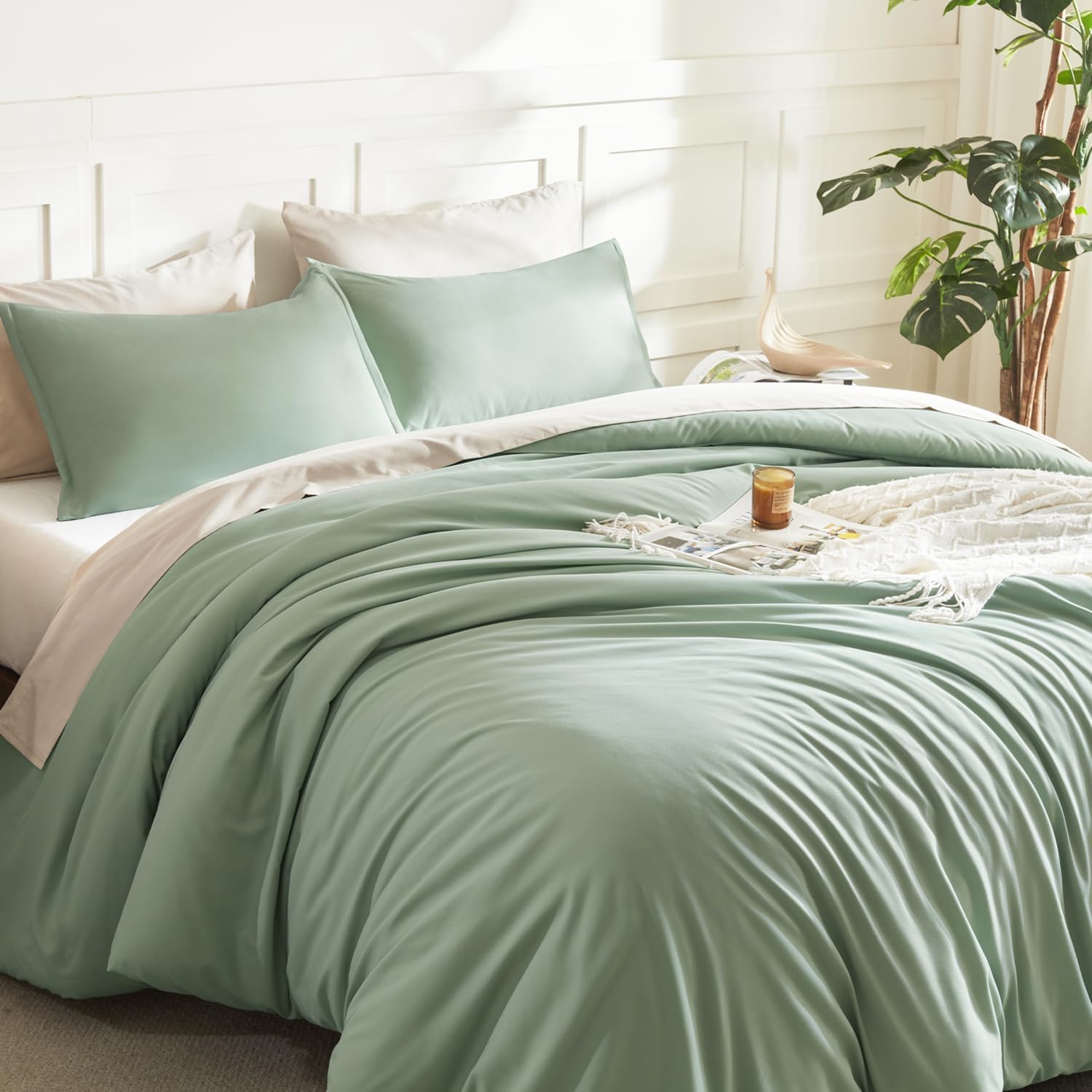 Detalle de Litanika King Size Comforter Set, 3 Pieces – Lightweight All-Season Sage Green with Down-Alternative Filling