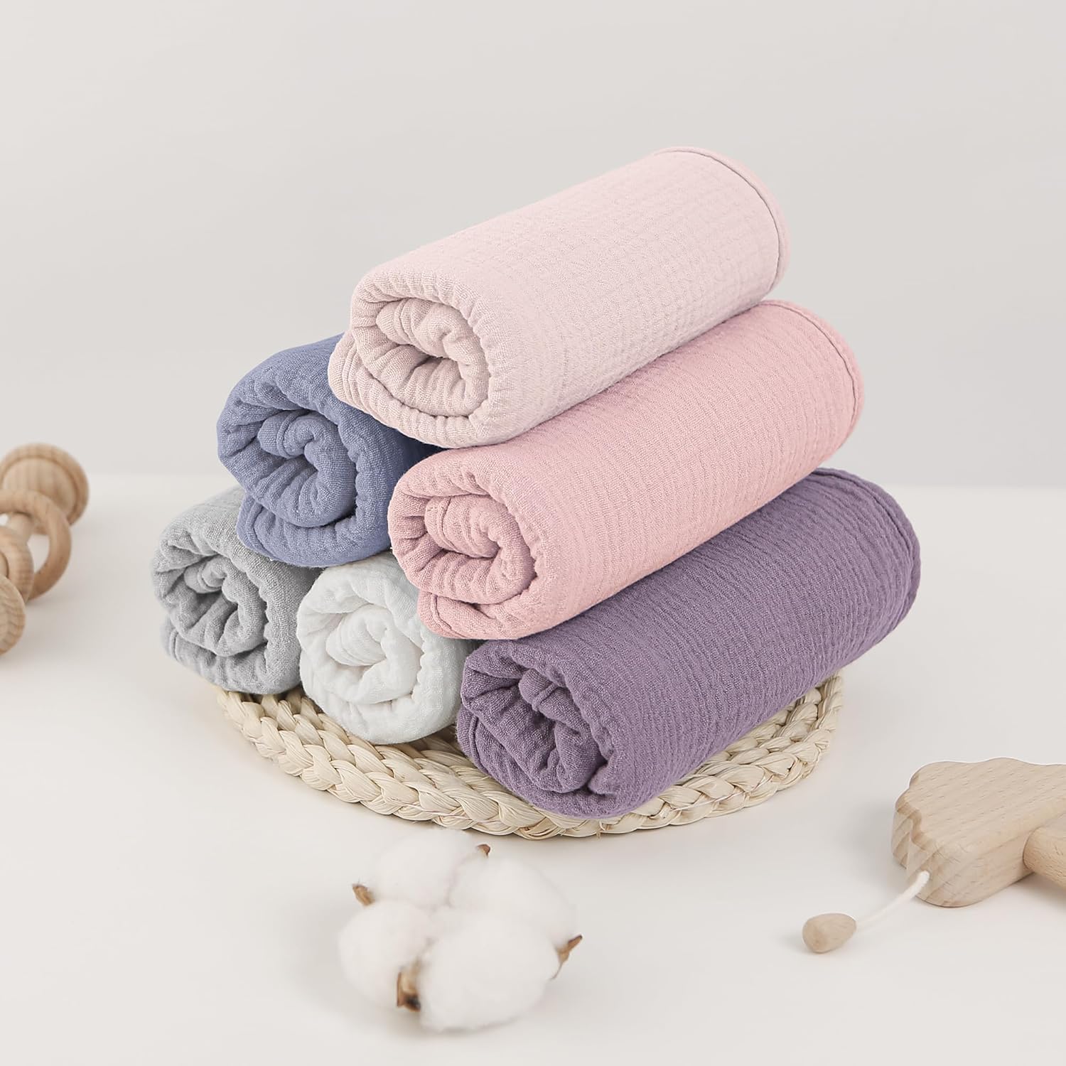 Detalle de Bearmoss Moltontücher Baby – 6er Pack, 50x25 cm, 100% Baumwolle Musselin auf der Vorderseite, weicher Baumwollfrottee auf der Rückseite