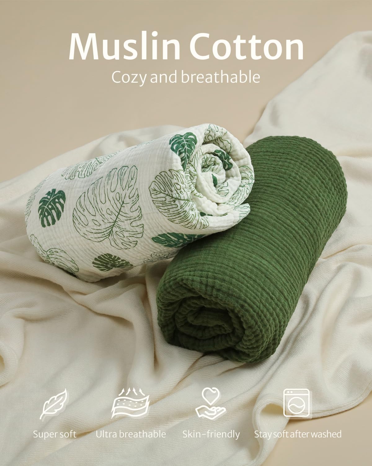 Thumbnail 5 de Blissful Diary Muslin Crib Sheets (2-Pack) for Standard Crib Mattress, Boho Neutral Cotton — Monstera & Dark Green