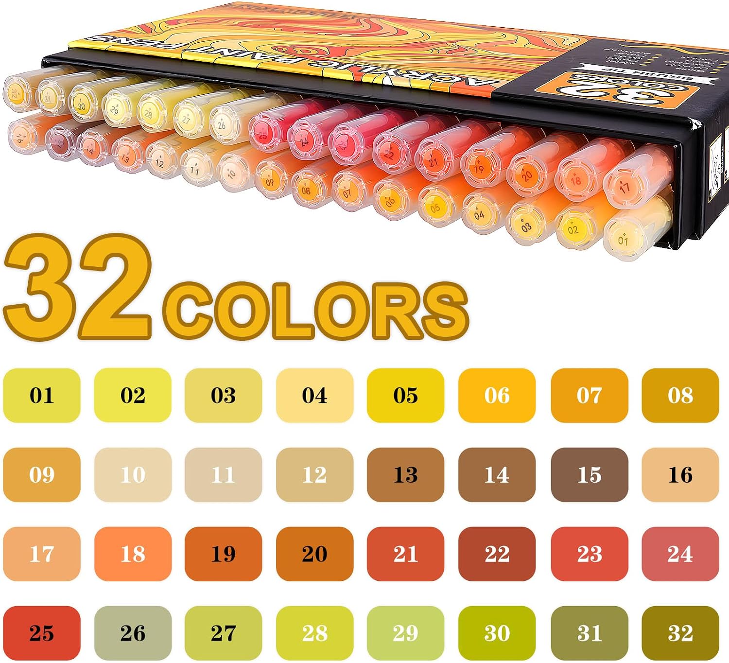 Detalle 2 de NICETY 32 Colour Yellow Acrylic Paint Pens (1–5mm) – Water-Based Acrylic Markers with Brush Tip