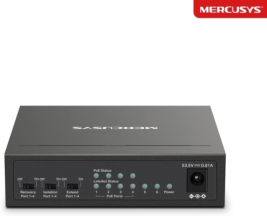 Detalle de MERCUSYS MS106LP 6-Port PoE+ Network Switch (4 PoE+ Ports) – 10/100 Mbps, Metal Case, Plug and Play