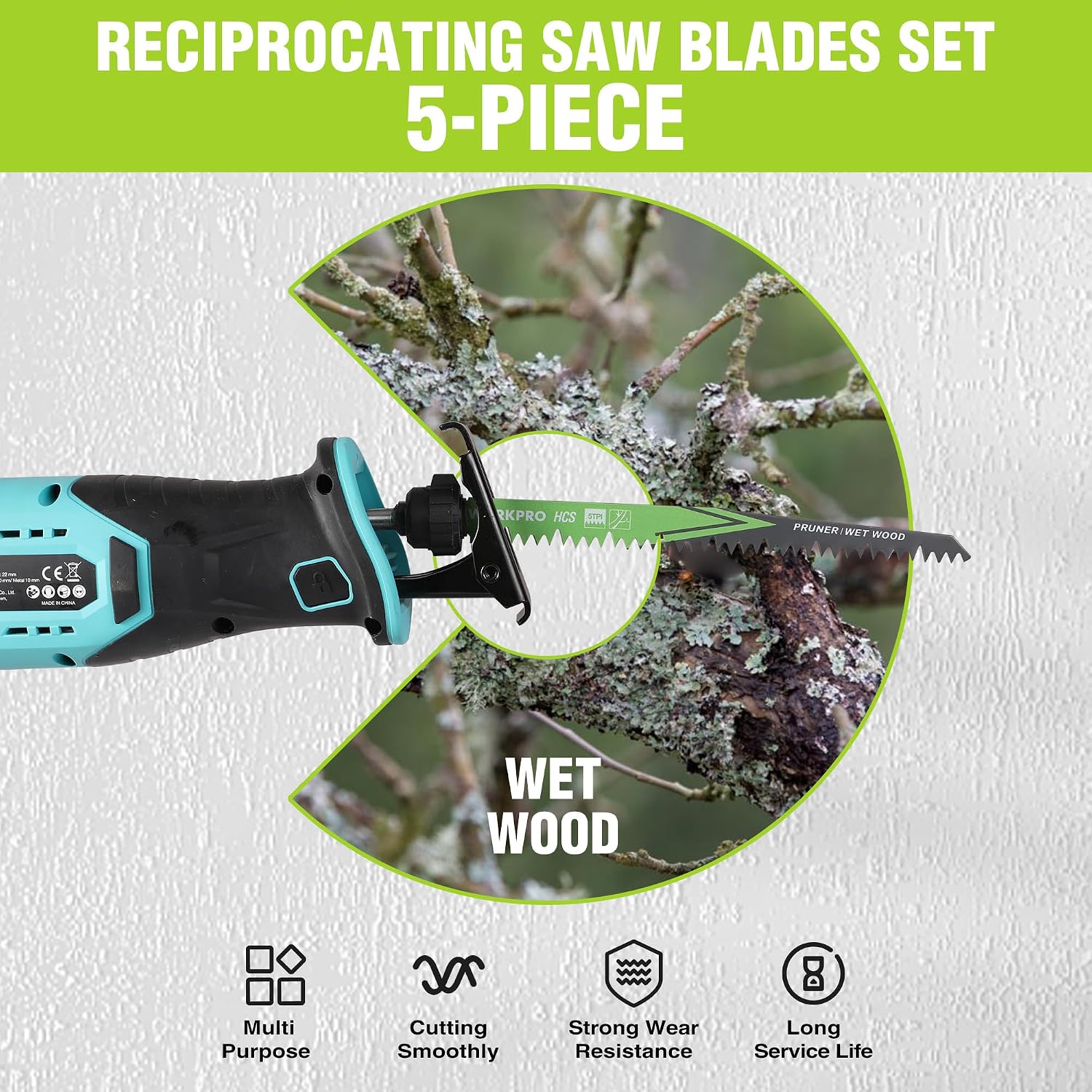 Detalle de WORKPRO 230mm 5-Piece Reciprocating Saw Blades Set (5 TPI) for Green Wood & Branches