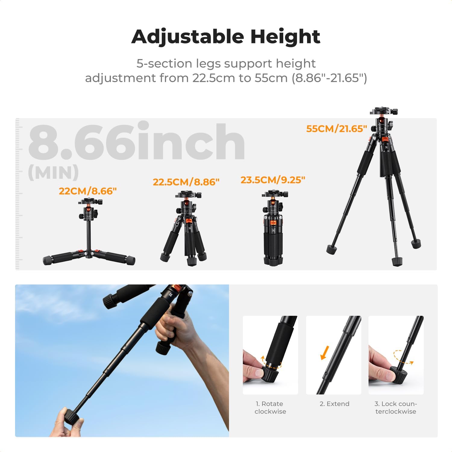 Thumbnail 3 de K&F CONCEPT 21.6'' Compact Small Camera Tripod (S225A0+BH-25) with 360° Ball Head