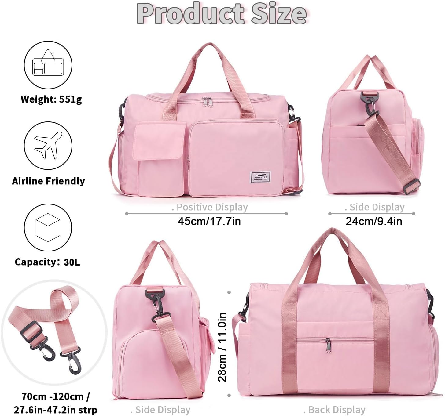 Detalle de FIORETTO Duffle Gym Bag with Wet Pocket & Shoe Compartment – 30L, Pink