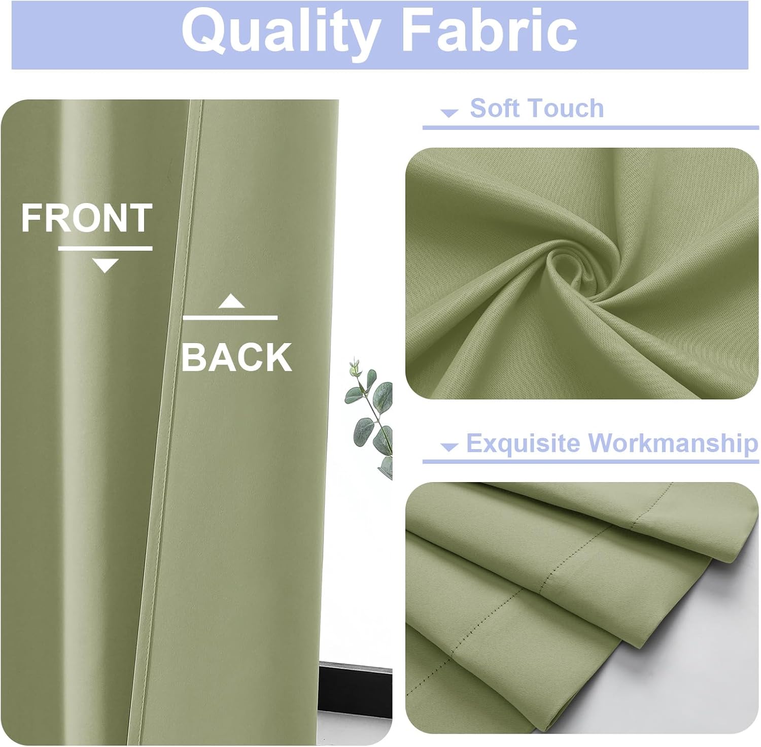 Detalle de Simplebrand Ava Sage Green Blackout Curtains – 2 Panels, 50 x 96 Inches, Sage