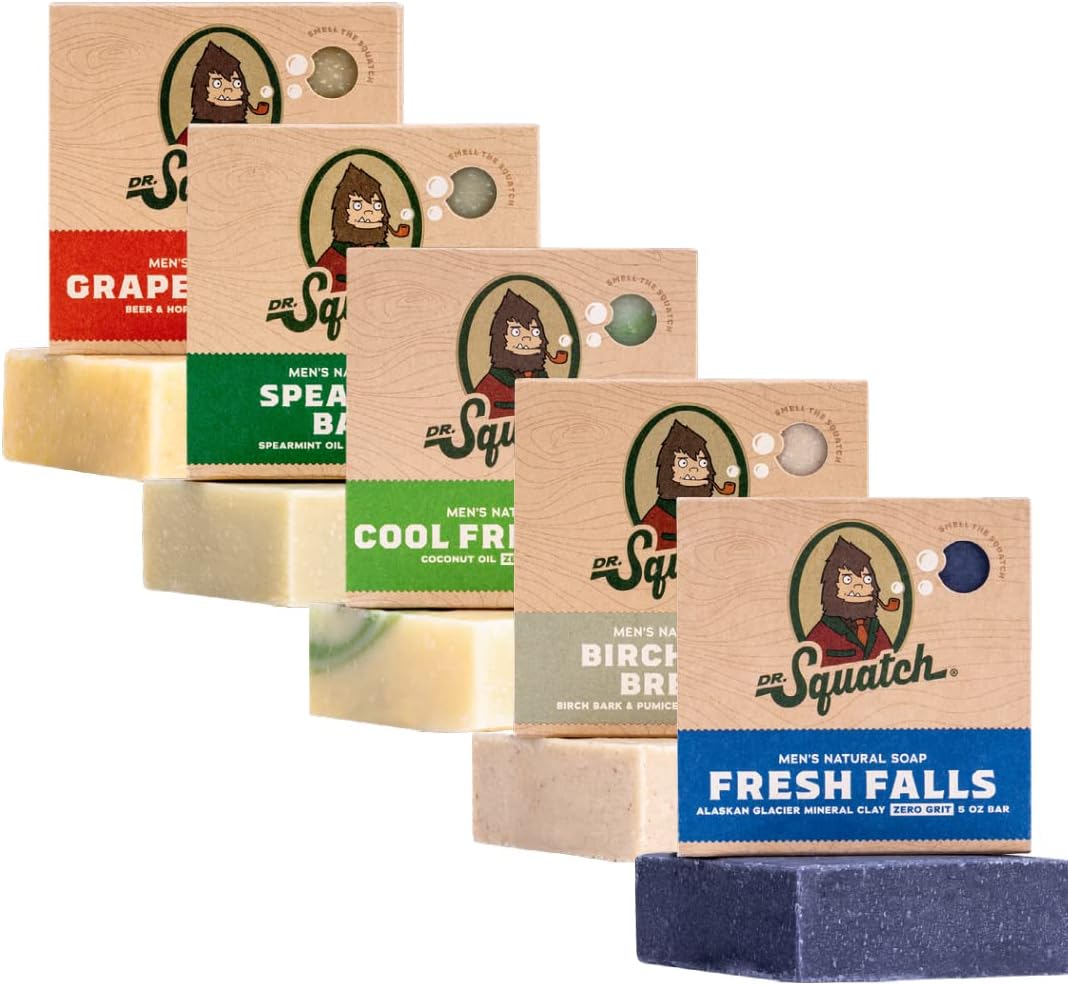 Dr. Squatch Saponetta tutta naturale per uomo, confezione da 5 barrette (Birchwood Breeze, Cool Fresh Aloe, Fresh Falls, Grapefruit IPA, Spearmint Basil)