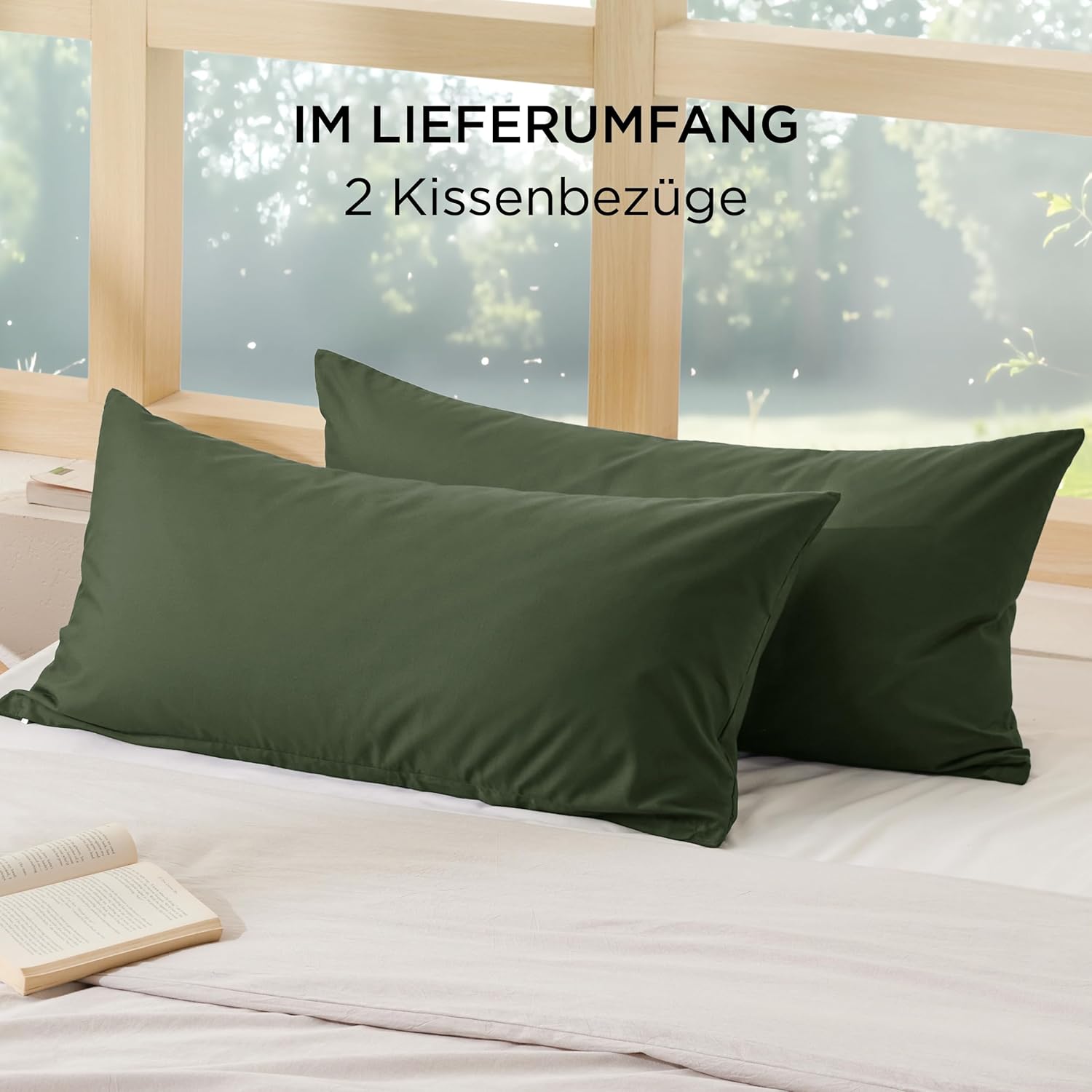 Thumbnail 5 de Bedsure Kissenbezug 40x60 im 2er-Set aus 100% Baumwolle (Oeko-TEX, Reißverschluss) – Olivgrün