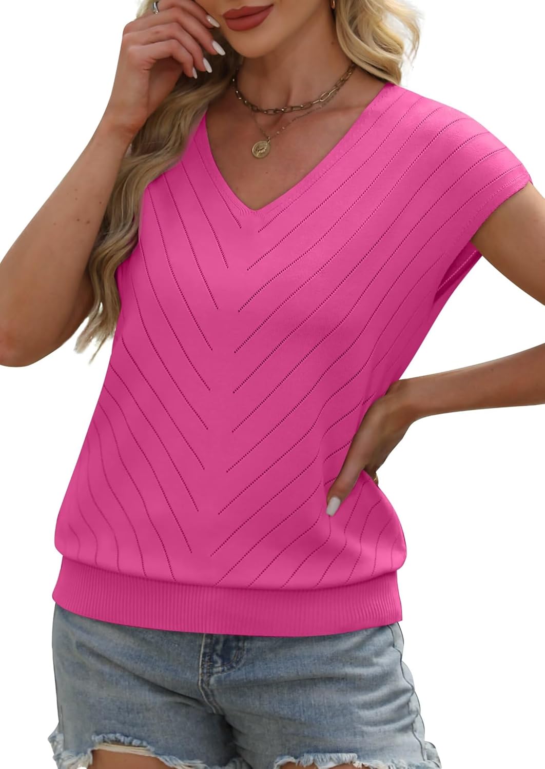 Thumbnail 2 de WIHOLL Damen Pullover Kurzarm Sommer V-Ausschnitt – Leichtes Basic Strickoberteil