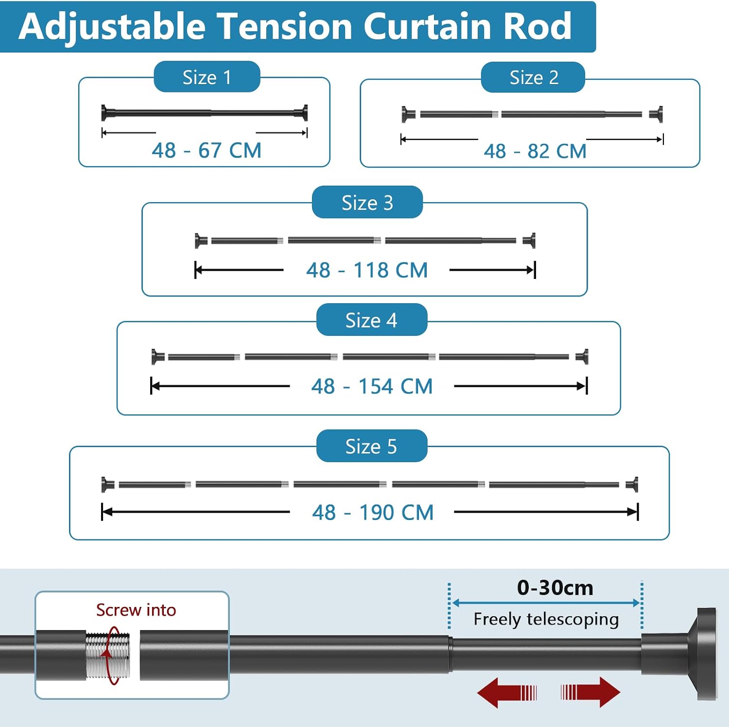 Detalle 2 de WELDUN Extendable Shower Curtain Rod 48–190 cm