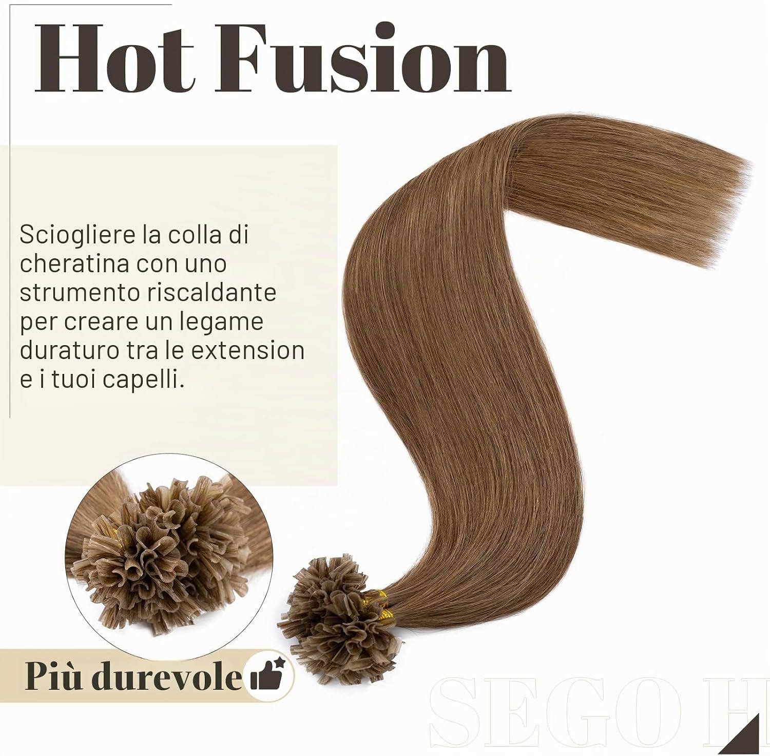 Thumbnail 2 de SEGO Extension Cheratina Capelli Veri 100 Ciocche 50g – 40 cm #6 Castano, Remy Indiani Naturali senza Clip