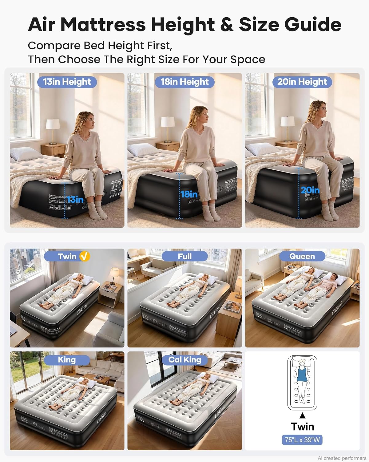 Thumbnail 5 de OhGeni AMH5 Twin Air Mattress with Built-In Pump, 18-Inch Raised Design