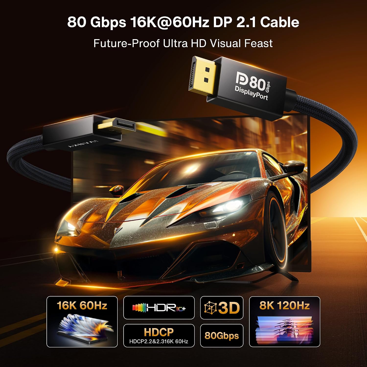 Detalle de IVANKY 80Gbps DisplayPort 2.1 Cable 6.6ft