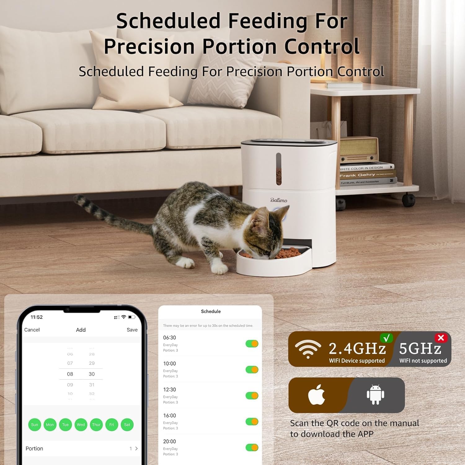Detalle de Balimo Futterautomat Katze 3L – WiFi-Futterspender mit App-Steuerung, 1–10 Mahlzeiten/Tag