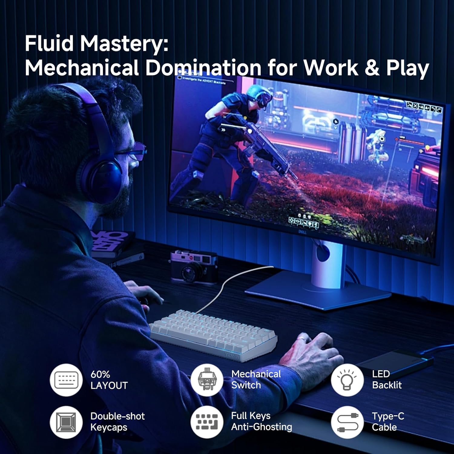 Thumbnail 1 de TMKB 60% Mechanical Gaming Keyboard (Red Linear Switches) — 61 Keys, Detachable USB-C, LED Backlight, Anti-Ghosting