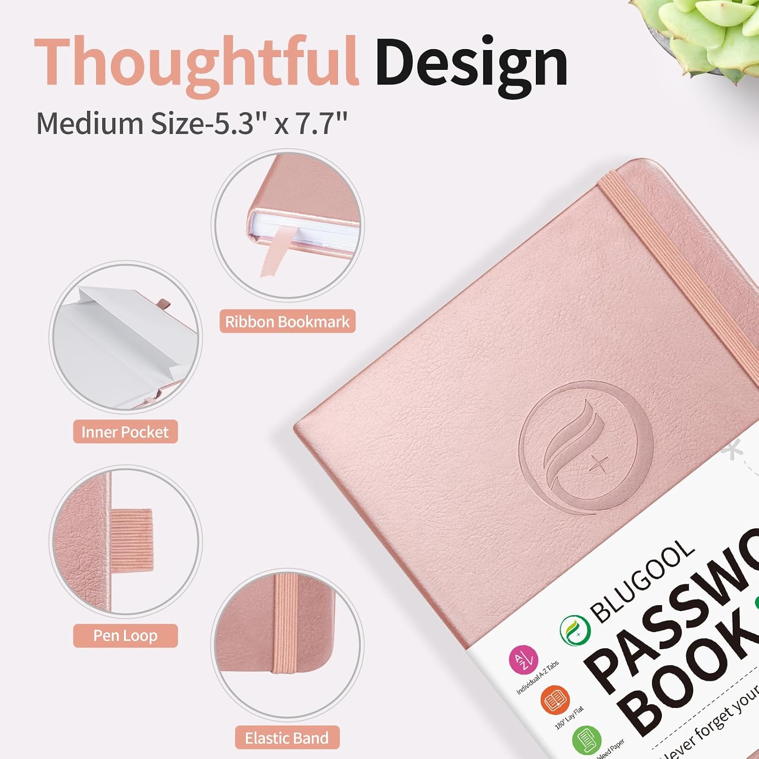 Detalle de Blugool Password Book, Rose Gold, with Colorful A–Z Tabs and 138 Pages