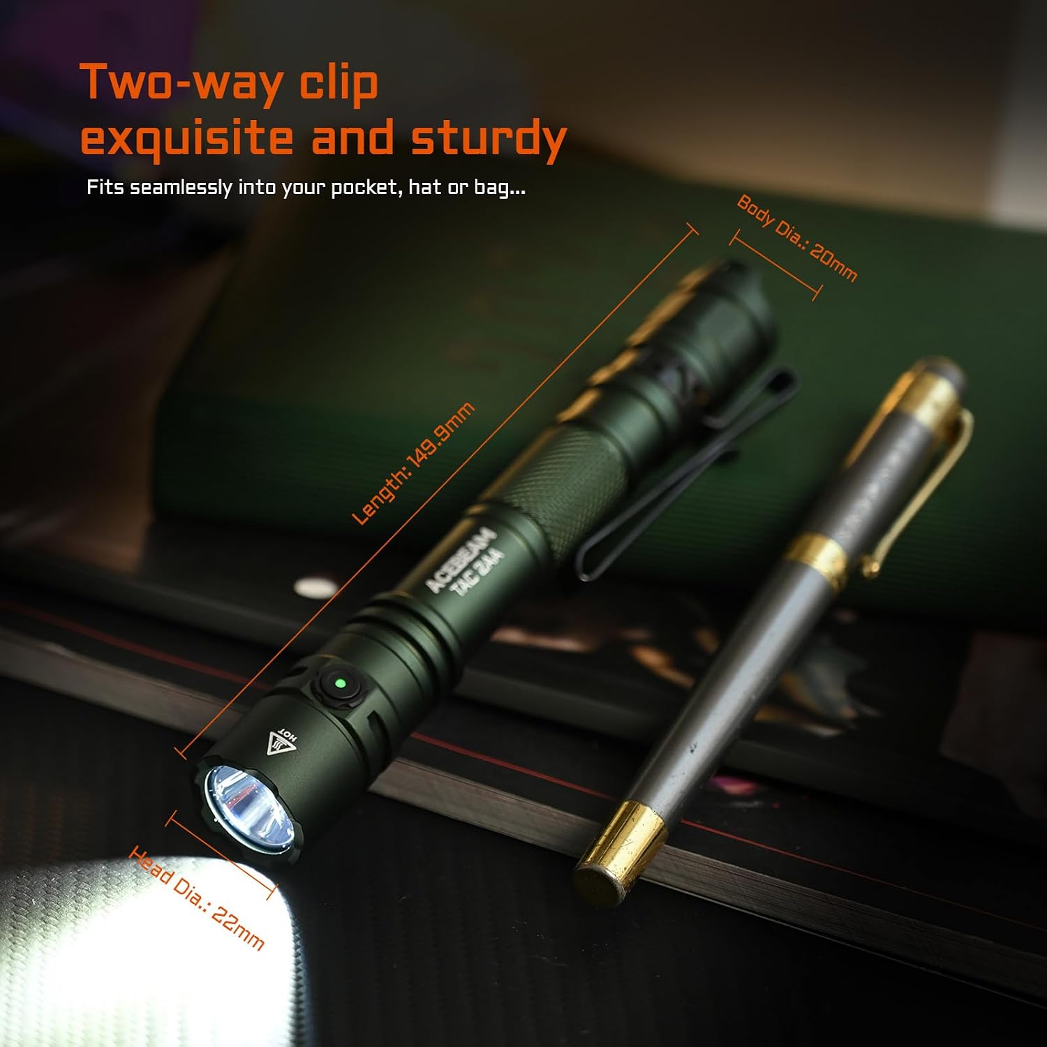 Detalle 2 de ACEBEAM TAC 2AA-OD Green-6500K 1600 Lumens デュアルモードLED懐中電灯