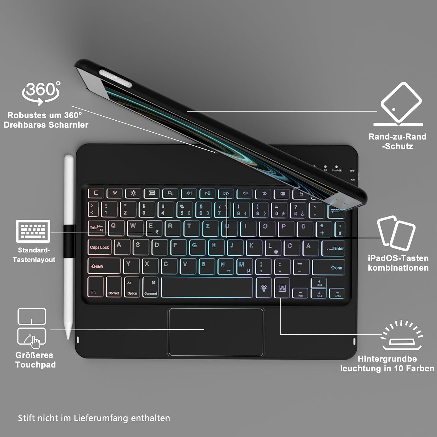 Thumbnail 6 de TQQ Tastaturhülle für iPad 10.2 Zoll (7., 8. und 9. Generation) mit Präzisions-Trackpad und 10-Farbiger Hintergrundbeleuchtung – Deutsches QWERTZ-Layout