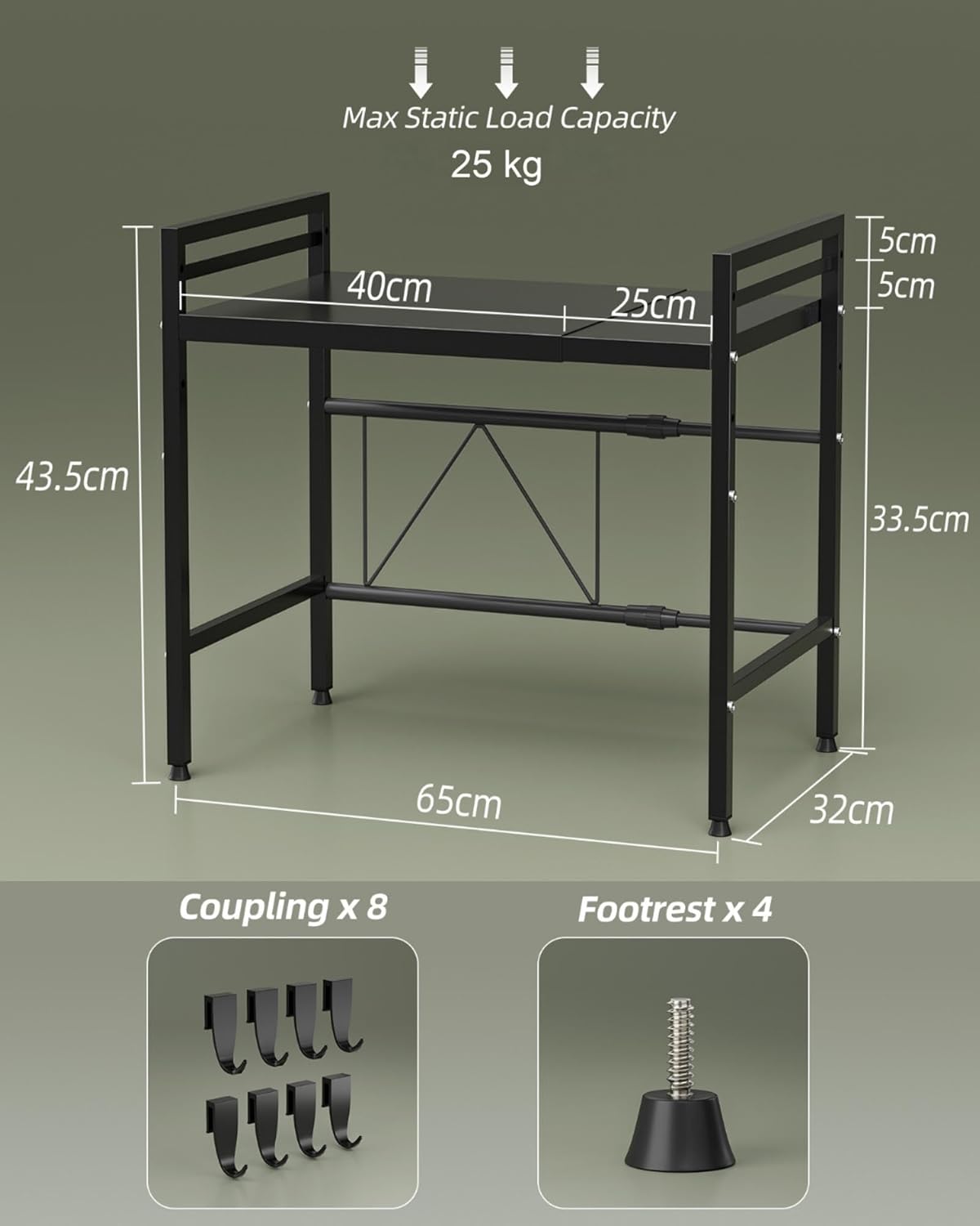 Thumbnail 2 de NETEL Expandable Microwave Shelf (2-Tier Stand) with 8 Hooks for Kitchen Countertop Organisation